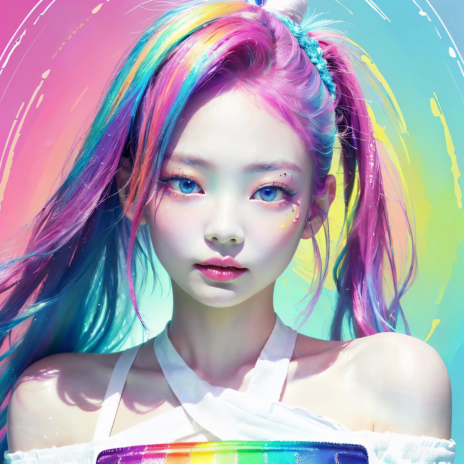 （Pink Fashion T-shirt：1.9），(Colorful hair: 1.8), (all the colours of the rainbow: 1.8),(((((vertical painting：1.6))), （painting：1.6），front, comics, illustrations, paintings, large eyes, crystal clear eyes,（ rainbow color gradient high ponytail：1.7）, exquisite makeup, closed mouth,(Small Fresh: 1.5),(Wipe Chest: 1.6) ，long eyelashes, white off shoulder T-shirt,  White Shoulder Shirt，looking at the audience, large watery eyes, (rainbow colored hair：1.6), color splash, （solo：1.8）, color splash, color explosion, thick paint style, messy lines, ((shining))，(colorful), (colorful), (colorful), colorful, Thick Paint Style, (Splash) (Color Splash), Vertical Painting, Upper Body, Paint Splash, Acrylic Pigment, Gradient, Paint, Highest Image Quality, Highest Quality, Masterpiece, Solo, Depth of Field, Face Paint,  colorful clothes, (Elegant: 1.2), gorgeous,long hair, wind, (Elegant: 1.etals: 1.4)，(((masterpiece))),(((best quality))),((ultra-detailed)),(illustration),(dynamic angle),((floating)),(paint),((disheveled hair)),(solo),(1girl) , (((detailed anima face))),((beautiful detailed face)),collar,bare shoulders,white hair, ((colorful hair)),((streaked hair)),beautiful detailed eyes,(Gradient color eyes),(((colorful eyes))),(((colorful background))),(((high saturation))),(((surrounded by colorful splashes))), Jennie Kim,