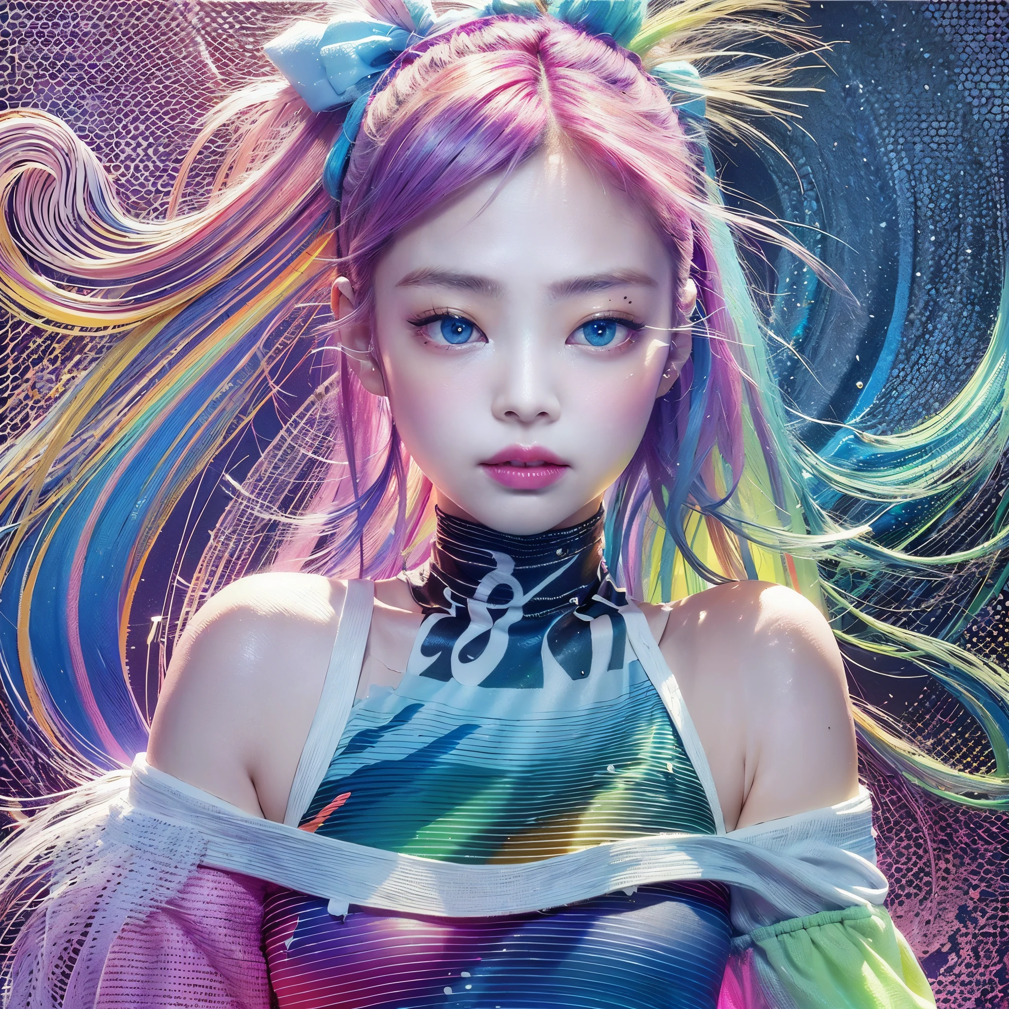 （Pink Fashion T-shirt：1.9），(Colorful hair: 1.8), (all the colours of the rainbow: 1.8),(((((vertical painting：1.6))), （painting：1.6），front, comics, illustrations, paintings, large eyes, crystal clear eyes,（ rainbow color gradient high ponytail：1.7）, exquisite makeup, closed mouth,(Small Fresh: 1.5),(Wipe Chest: 1.6) ，long eyelashes, white off shoulder T-shirt,  White Shoulder Shirt，looking at the audience, large watery eyes, (rainbow colored hair：1.6), color splash, （solo：1.8）, color splash, color explosion, thick paint style, messy lines, ((shining))，(colorful), (colorful), (colorful), colorful, Thick Paint Style, (Splash) (Color Splash), Vertical Painting, Upper Body, Paint Splash, Acrylic Pigment, Gradient, Paint, Highest Image Quality, Highest Quality, Masterpiece, Solo, Depth of Field, Face Paint,  colorful clothes, (Elegant: 1.2), gorgeous,long hair, wind, (Elegant: 1.etals: 1.4)，(((masterpiece))),(((best quality))),((ultra-detailed)),(illustration),(dynamic angle),((floating)),(paint),((disheveled hair)),(solo),(1girl) , (((detailed anima face))),((beautiful detailed face)),collar,bare shoulders,white hair, ((colorful hair)),((streaked hair)),beautiful detailed eyes,(Gradient color eyes),(((colorful eyes))),(((colorful background))),(((high saturation))),(((surrounded by colorful splashes))), Jennie Kim,