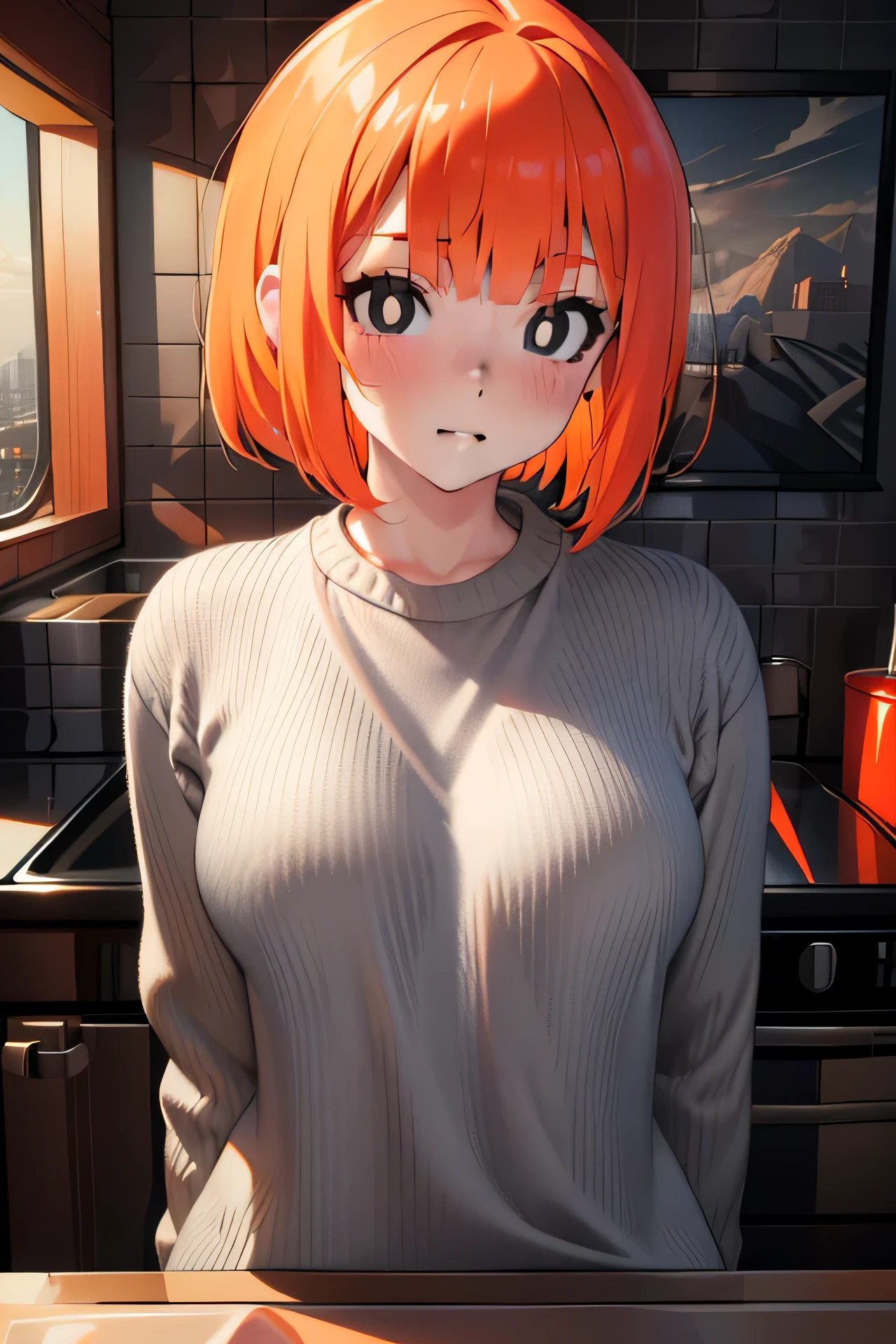 (8k uhd, masterpiece, best quality, high quality, absurdres, ultra-detailed,detailed face,detailed background),perfect lighting, 1girl, GingerMom,orange hair,bobcut,(black eyes:1.25), white pupils,cowboy shot, indoorcdonald's:1.3),(grey sweater:1.2),bottomless, ,pubic hair, (((anime)))