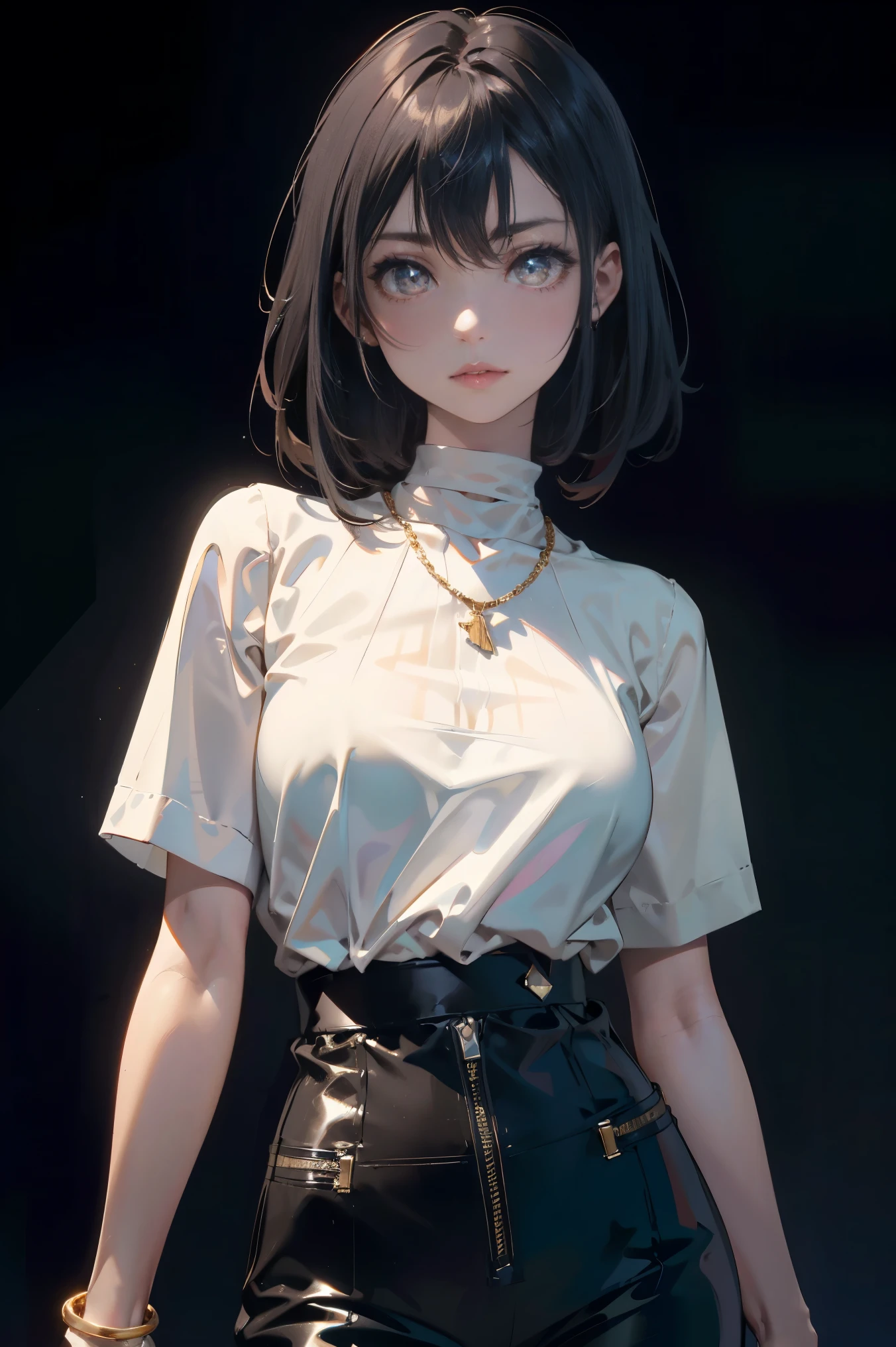 a 20 yo woman、Black blue Hair、poneyTail、(hi-top fade:1.3)、dark themed、Muted Tones、Subdued Color、highly contrast、(natural skin textures、Hyper-Realism、Soft light、sharp)、makeup, mascara, Lips are subdued or colors, simple black background, Minimalism, monotone, simple color palettes, Clean, sharp designs, flowing silhouettes, Tight skirts and pants, high-waisted skirts and pants, simple dresses, shirts and blouses, asymmetrical, geometric, Elegant and luxurious materials and designs, Simple, minimal accessories, Slim necklaces and rings in silver or gold, Simple bangles, Distinctive designs, simple silhouettes, simple and sophisticated style, elegance, minimalism, high quality materials, cool and urban impression, high fashion, simplicity and sophistication,