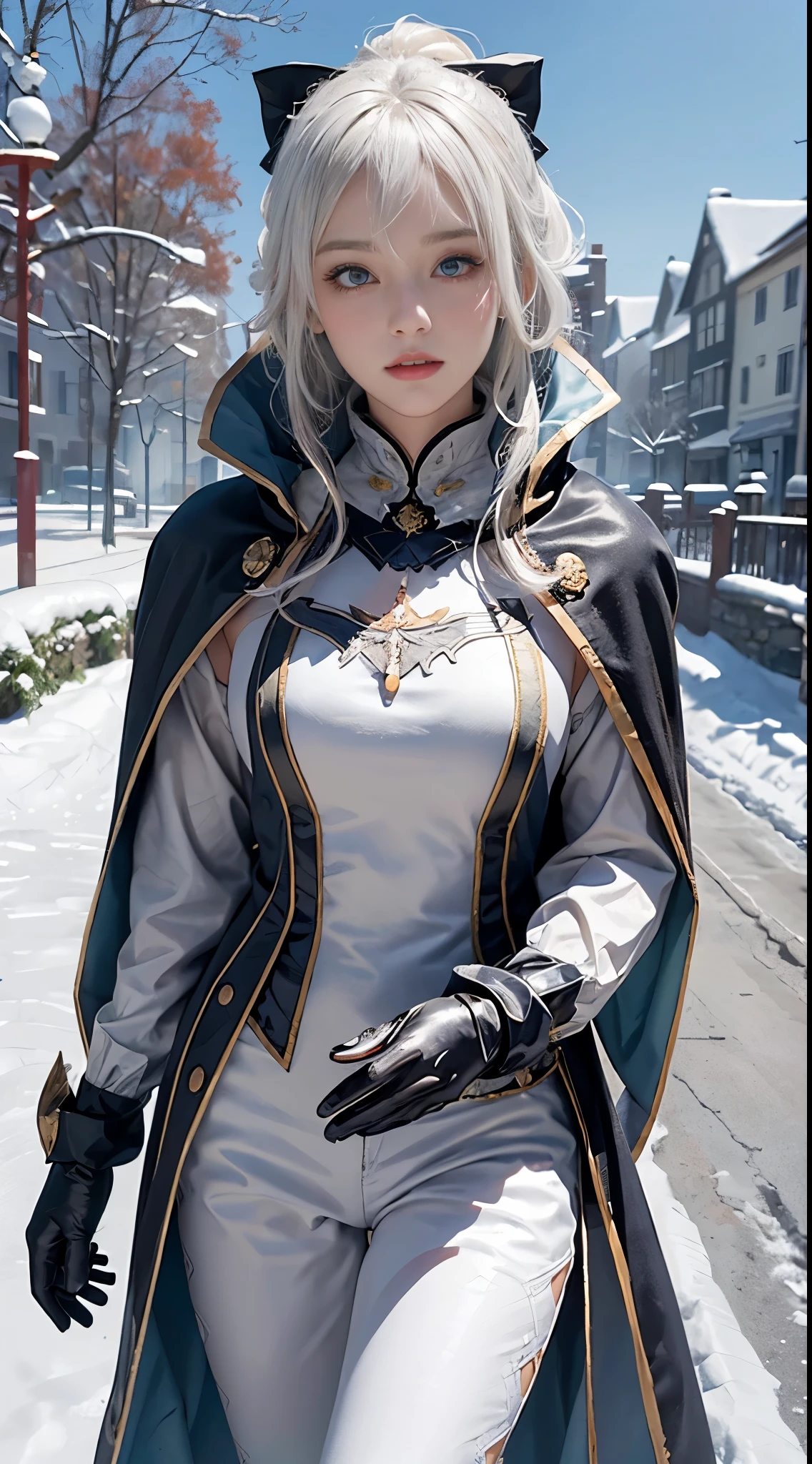 (8K)，realistically, A high resolution, 1 Women, own, (gorgeous one，Lolita costume)， pretty eyes, White hair, eye socket, (dynamicposes，Cloak，blanketed in a mantle of snow)，jeanfavonian， snow field，evening，​​clouds，
