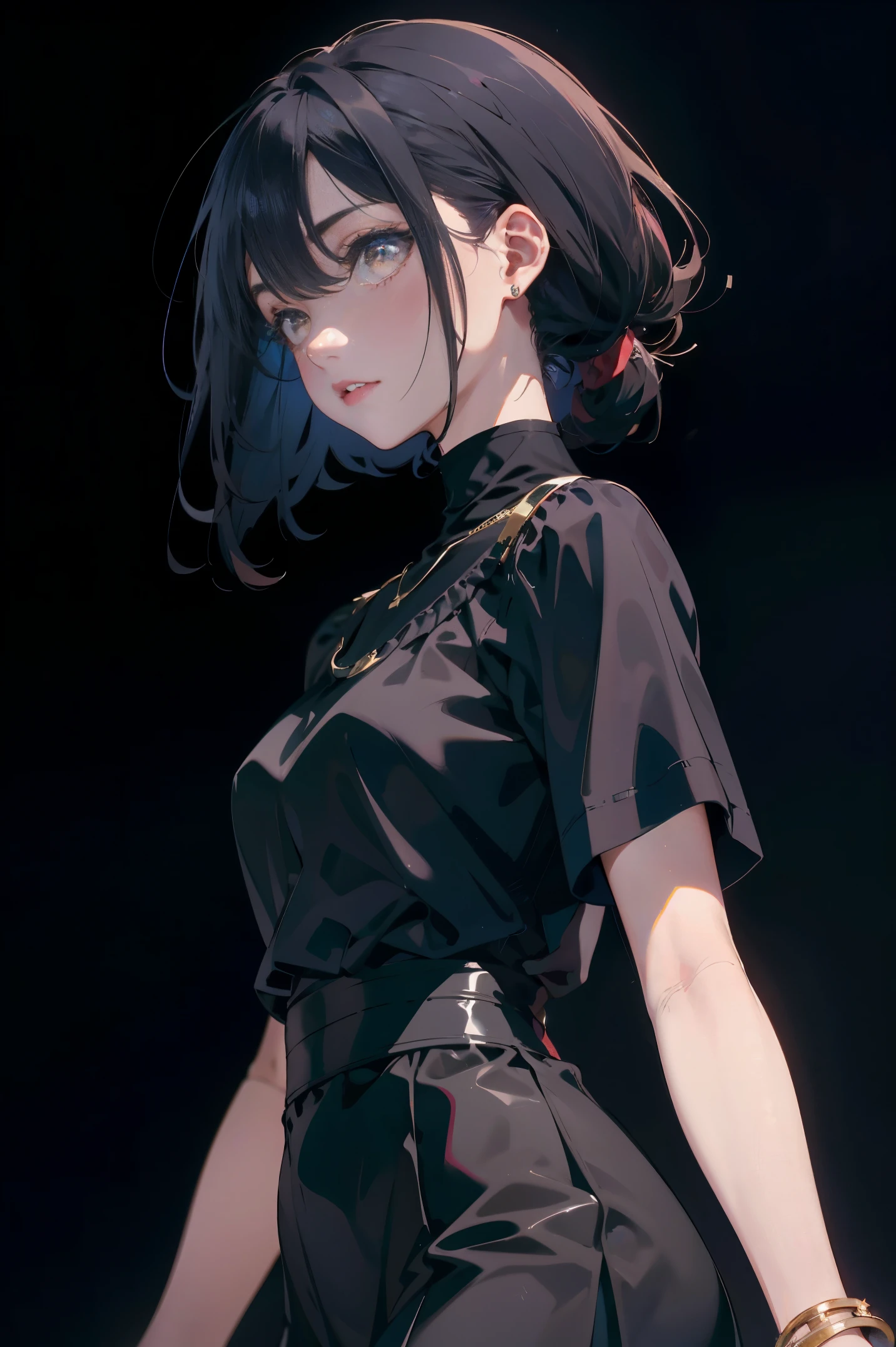 a 20 yo woman、Black blue Hair、poneyTail、(hi-top fade:1.3)、dark themed、Muted Tones、Subdued Color、highly contrast、(natural skin textures、Hyper-Realism、Soft light、sharp)、makeup, mascara, Lips are subdued or colors, simple black background, Minimalism, monotone, simple color palettes, Clean, sharp designs, flowing silhouettes, Tight skirts and pants, high-waisted skirts and pants, simple dresses, shirts and blouses, asymmetrical, geometric, Elegant and luxurious materials and designs, Simple, minimal accessories, Slim necklaces and rings in silver or gold, Simple bangles, Distinctive designs, simple silhouettes, simple and sophisticated style, elegance, minimalism, high quality materials, cool and urban impression, high fashion, simplicity and sophistication,
