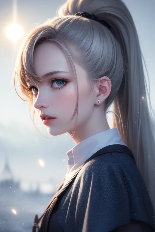 masutepiece, (Best Quality:1.2), (Ultra-detailed:1.2), Illustration, (extremely delicate and beautiful:1.2),Cinematic Angle,floating, (Beautiful detailed eyes:1.1), (Detailed light:1.1),Cinematic lighting, Beautifully detailed sky, Women, White hair, Blue eyes, (High Ponytail:1.1), cloaks, Shining Aiun:1.2), (Moonlight:1.1), Starry sky, (Lighting Particles:1.1), Fog, Snow painting, sketch, bloom