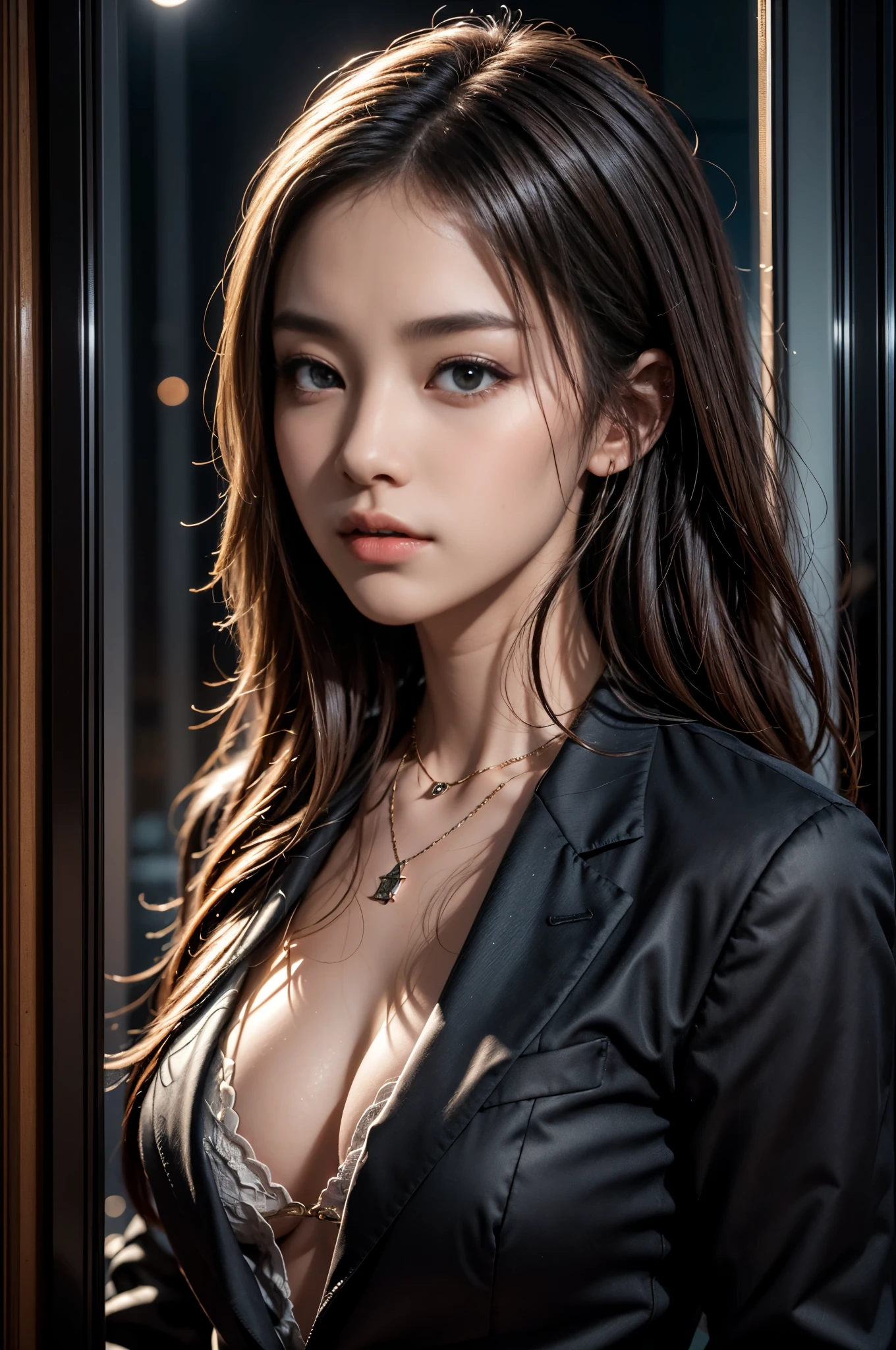 (Photoreal Stick:1.5, masutepiece:1.5, 8K), (top-quality, masterpiece, 超A high resolution), Perfect dynamic composition, Professional camera work:1.4, Highly detailed skin and facial texture:1.3, Mystical portrait:1.3, Grow Light Effect, The ultra-detailliert, 1girl in, ((Night view from inside the building, Please turn off the lights in the room, Dark atmosphere, The moonlight at night shines through the glass)), (V-neck shirt:0.8, black tailored suit suit jacket), Model body type, Clear face, Detailed hand, Beautiful and detailed eyes, (Enraptured look:0.8, i love you completely:0.8), A mouthfeel that feels beautiful eros, Dark brown medium hair, the chest is medium, a necklace