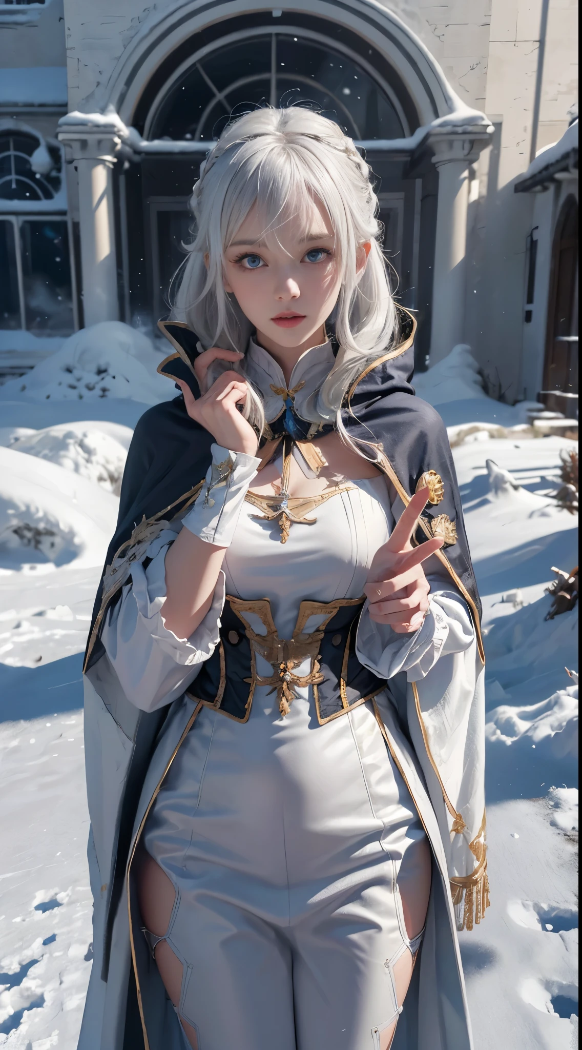 (8K)，realistically, A high resolution, 1 Women, own, (gorgeous one，Lolita costume)， pretty eyes, White hair, eye socket, (dynamicposes，Cloak，blanketed in a mantle of snow)，jeanfavonian， snow field，evening，​​clouds，