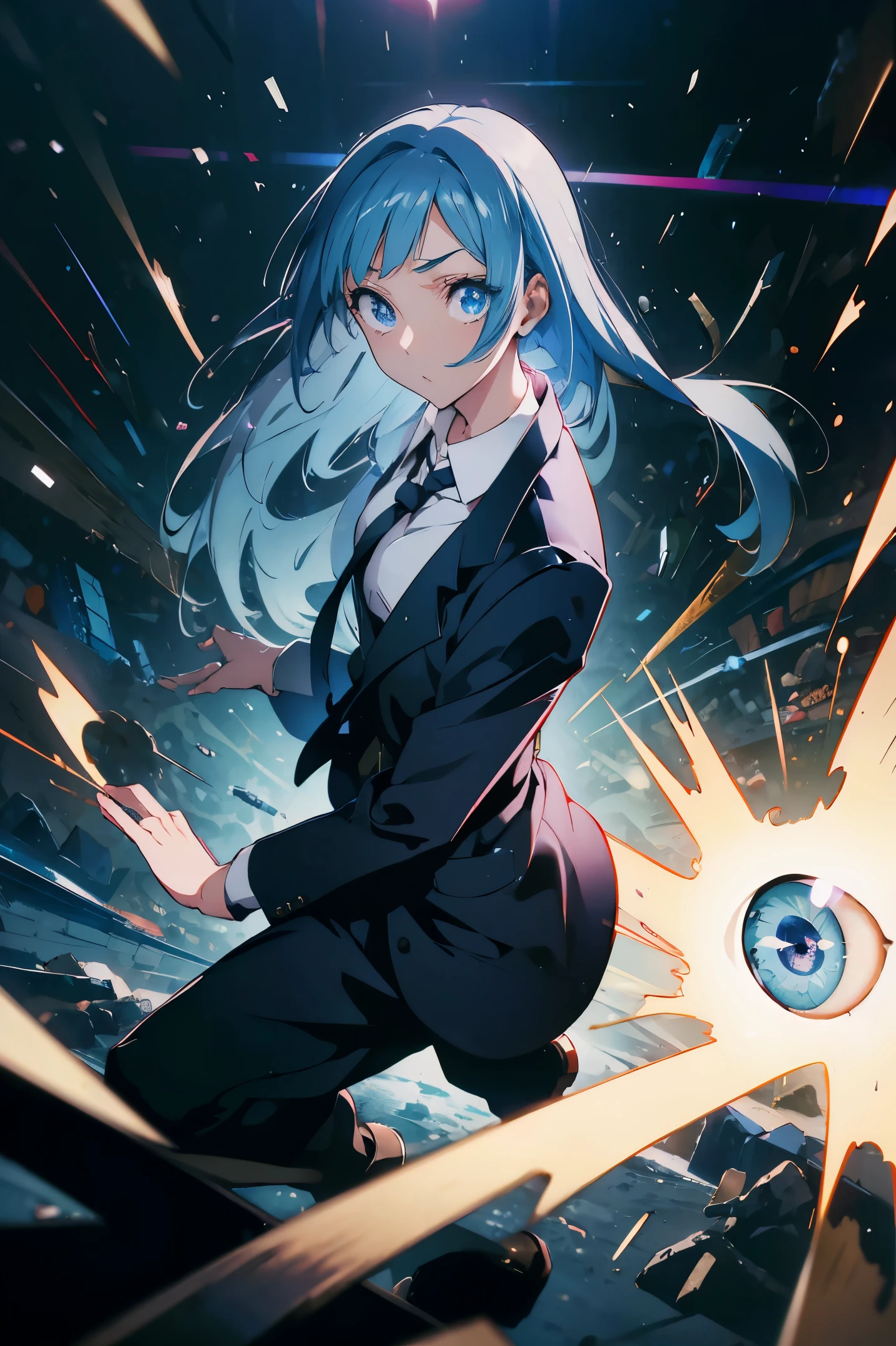 miwakasumi, Eyes, Blue hair, Long hair, Breaking a tie, Black suit,trouser,BREAK looking at viewer, Full body, Break indoors, crass room, BREAK (masutepiece:1.2), Best Quality, High resolution, Unity 8k壁纸, (Illustration:0.8), (Beautiful detailed eyes:1.6), extra detailed face, Perfect Lighting, extremely details CG, (Perfect hands, Perfect Anatomy)