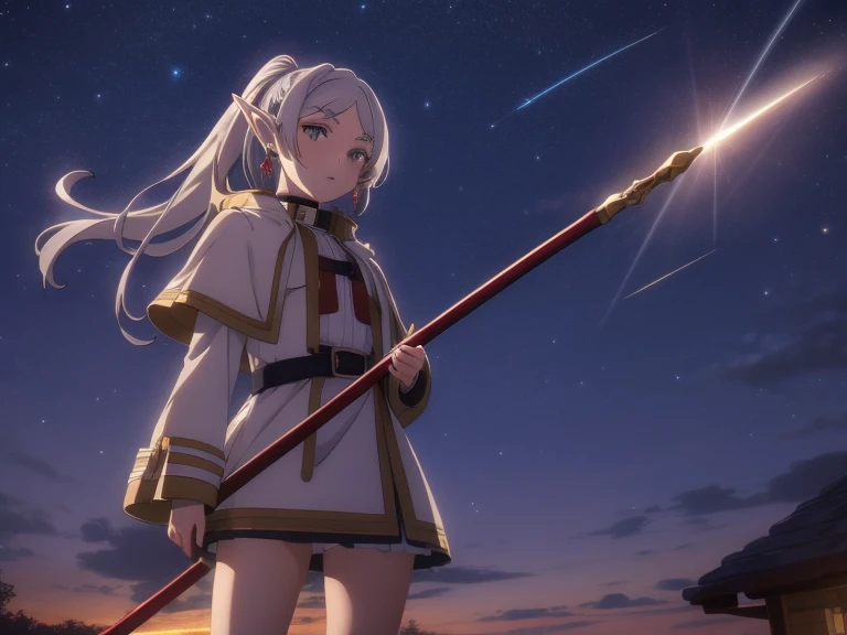 1girls,bara,elf,White Hair,Gray Hair,earrings,pointy ears,long-haired,Ponytail,green eyes,twintails,Parted Bangs,Thick eyebrows,coat with collar,white capelet,streaks shirt,long sleeve,streaks,White skirt.,
tights,brown shoes,expressionless,red staff,, beautiful image, high-res,masterpiece,bestquality,, beautiful image,high-res,masterpiece,bestquality,18yo,The young woman,Beautiful Finger,long beautiful legs,Beautiful body,Beautiful character design,white panties, Fly in the sky, Cast magic, beam of light from staff, Looking from below, She floats in the air, On the ground were hordes of demons. ,dark sky, nighttime, Remote, View from the ground
