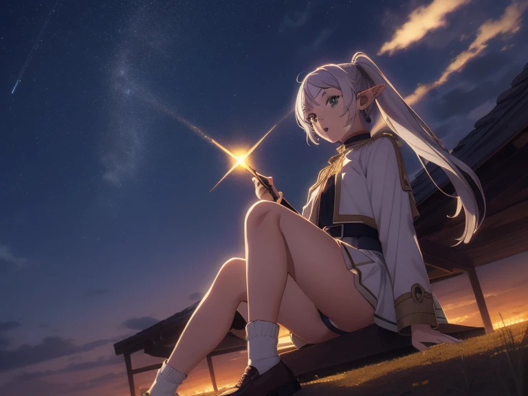 1girls,bara,elf,White Hair,Gray Hair,earrings,pointy ears,long-haired,Ponytail,green eyes,twintails,Parted Bangs,Thick eyebrows,coat with collar,white capelet,streaks shirt,long sleeve,streaks,White skirt.,
tights,brown shoes,expressionless,red staff,, beautiful image, high-res,masterpiece,bestquality,, beautiful image,high-res,masterpiece,bestquality,18yo,The young woman,Beautiful Finger,long beautiful legs,Beautiful body,Beautiful character design,white panties, Fly in the sky, Cast magic, beam of light from staff, Looking from below, She floats in the air, On the ground were hordes of demons. ,dark sky, nighttime, Remote, View from the ground