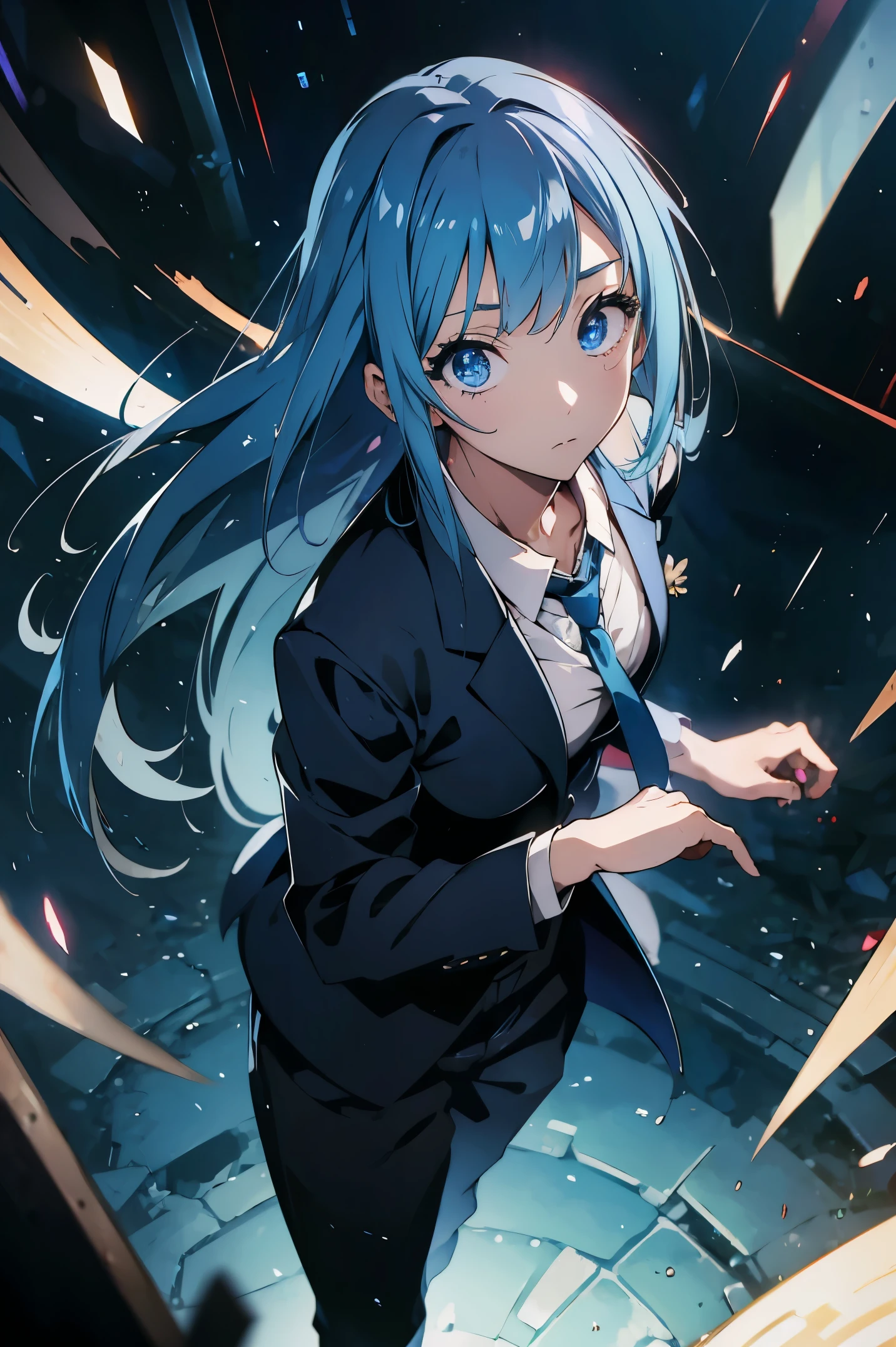 miwakasumi, Eyes, Blue hair, Long hair, Breaking a tie, Black suit,trouser,BREAK looking at viewer, Full body, Break indoors, crass room, BREAK (masutepiece:1.2), Best Quality, High resolution, Unity 8k壁纸, (Illustration:0.8), (Beautiful detailed eyes:1.6), extra detailed face, Perfect Lighting, extremely details CG, (Perfect hands, Perfect Anatomy)