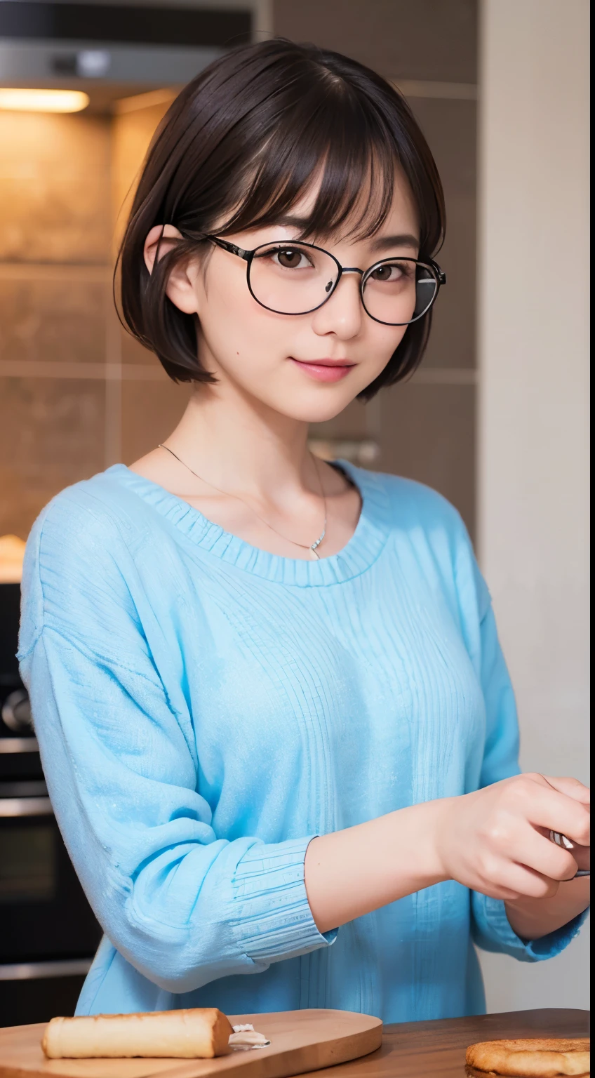 137
(a 20 yo woman,Making bread), (A hyper-realistic), (high-level image quality), ((beautiful hairstyle 46)), ((short-hair:1.46)), (Gentle smile), (brest:1.46), (lipsticks), (Wearing glasses), (murky,wide,kitchin), (florals), (There is an oven)