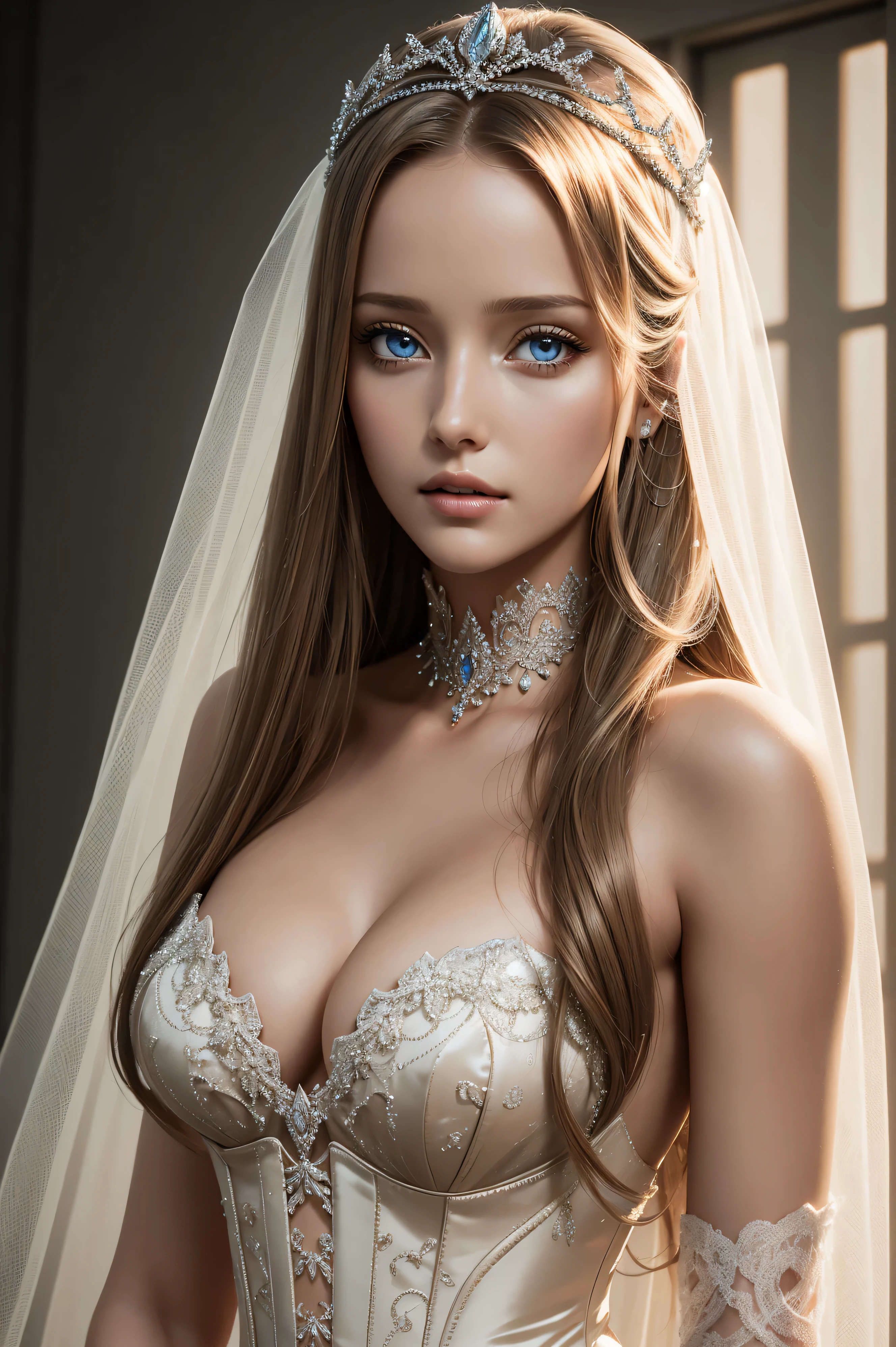 Merritt Patterson, wearing nude veil bride tiara corset sexy clothes transparent. professionally retouched, soft lighting, realistic, smooth face, perfect eyes, sharp focus on eyes, 8 k, high definition, insanely detailed, intricate, elegant. in a natural background.