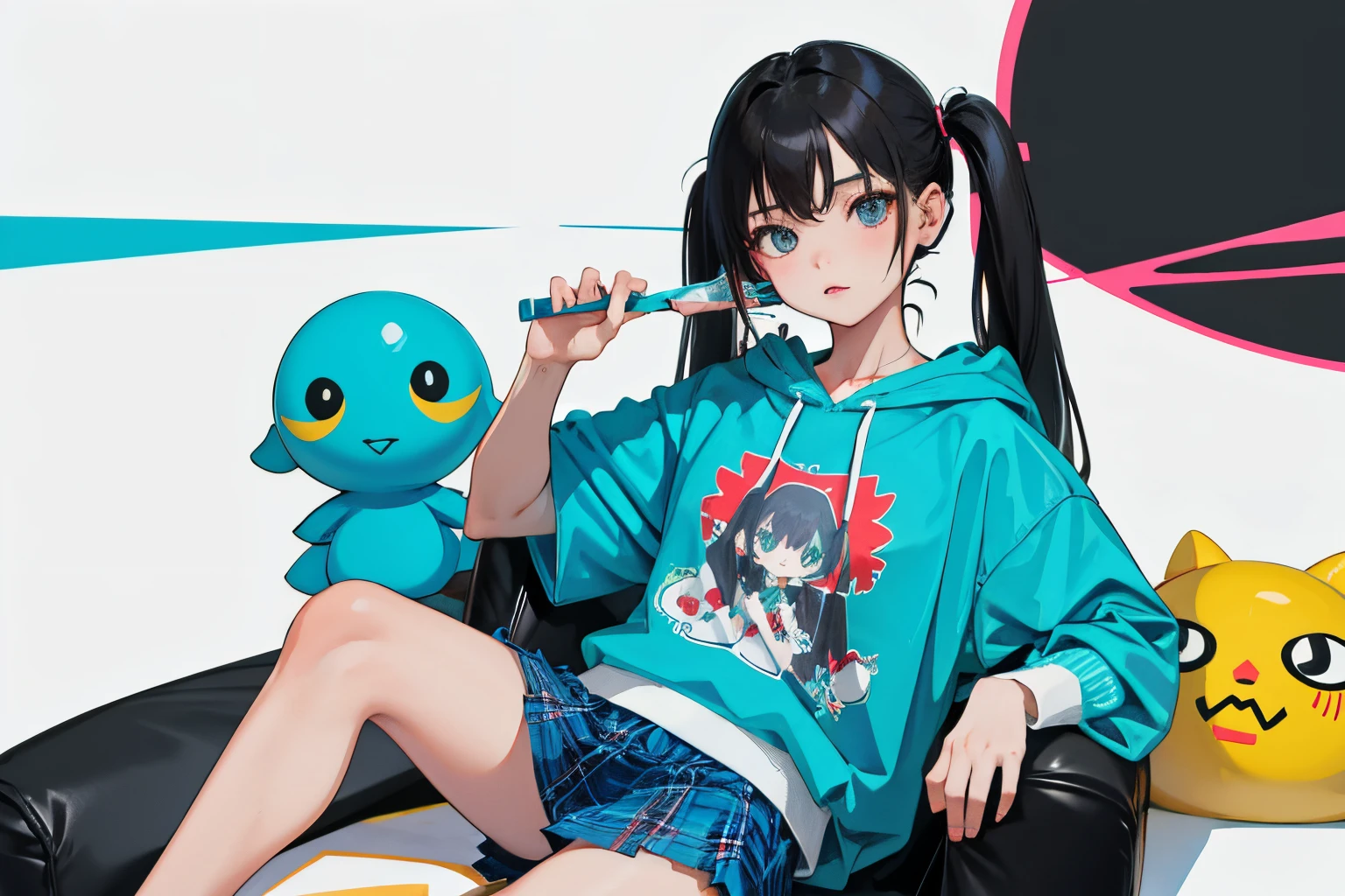 ,(masterpiece,Highest Quality),turquoise short sleeve hoodie,Plaid mini skirt,A dark-haired,long twintail,World of toys
