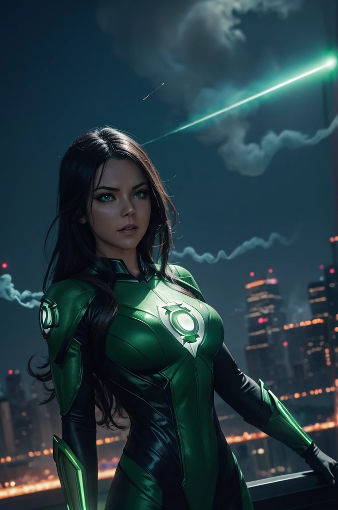 A scene from a movie, Woman dressed as a Green Lantern in DC, Very detailed, Futuristic cityscape, at night, Shining neon lights, cigarette, spark, Metal shavings, flying debris, blue energy effects, Volumetric Light　Dirty Body　Upper Body　Sweaty　Big Breasts　Expose　Fluid from nipples　Reverse Rape　Slimy　saliva　Urinating　Watching the audience　Attractive body　Muscular　lure　Sweating Fitness Body