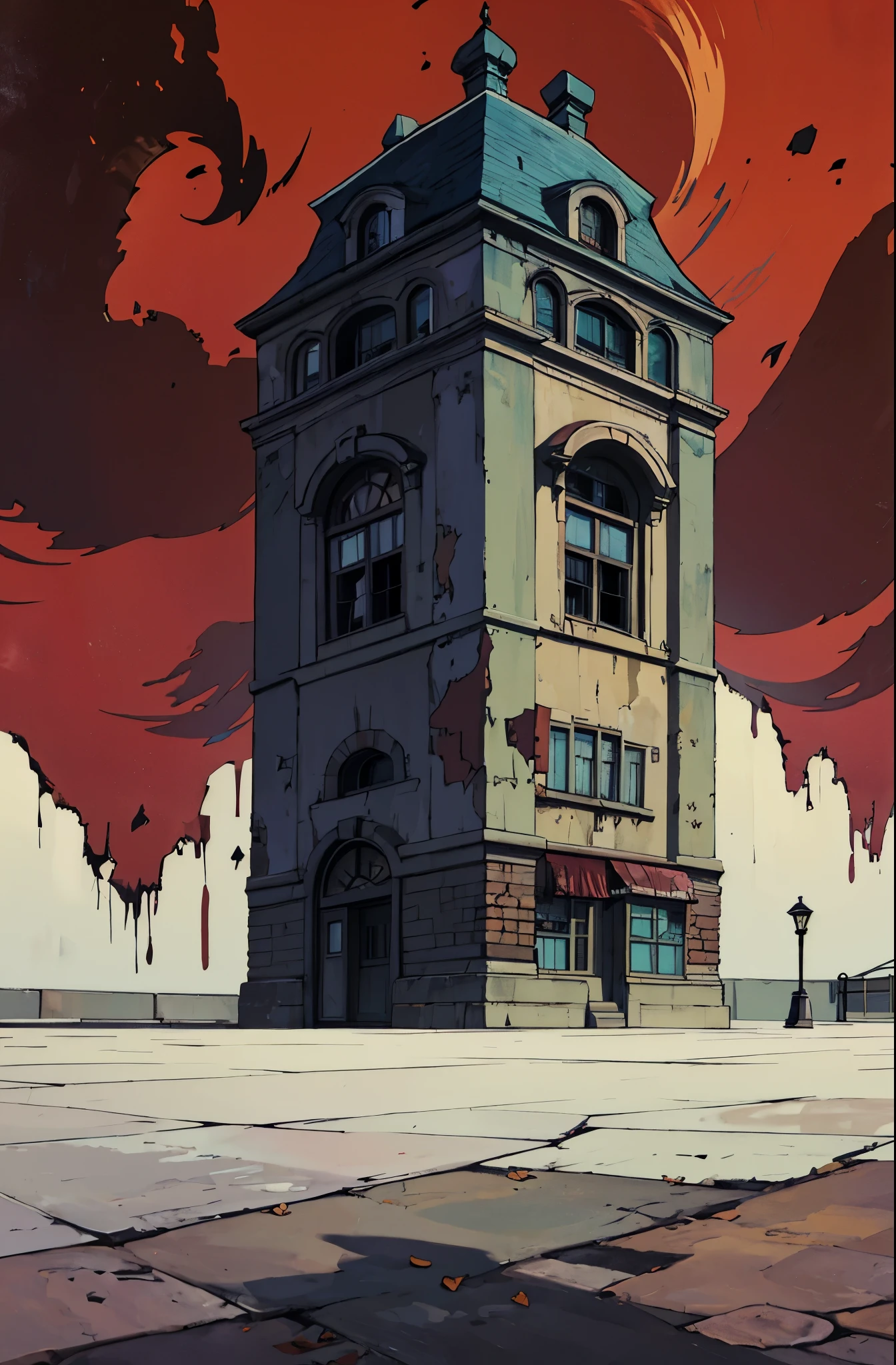 Casa velha ao centro de uma cidade abandonada. Predio abandonado. Estilo chihiro. cena de anime. morcegos e folhas caindo. clima de halloween