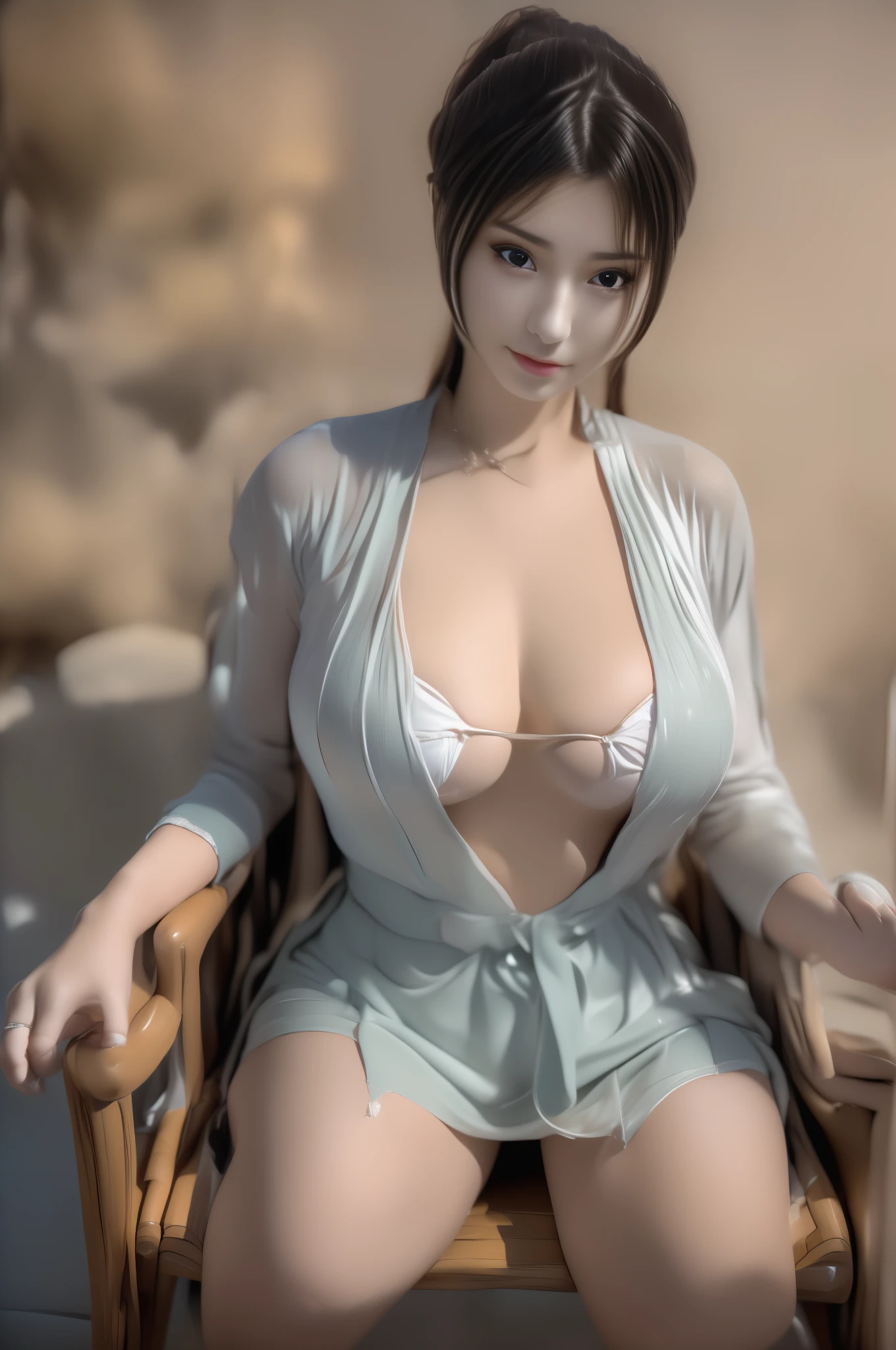 (8k, RAW Photos: 1.2), Best Quality, Illustration, Beautiful Painting, 1 sexy happy girl, Beautiful Face, Delicate Skin, Gorgeous Bun, Hair Accessories, (Hanfu:1,4), looking at viewer, ((sitting on old Chinese chair)), Chinese fan, Full Body, High Detail, Accent, Color Ink Painting, (((colorful)), lycoris, Sketch, Denoising, Dramatic, Cinematic, White background, Super High Resolution, Best Shadow, RAW, (HDR) (wallpaper) (Cinematic lighting) (sharp focuasterpiece, (Very detailed 8k wallpaper), (gigantic breasts:1.2),  bamboo trees, Sakura garden, Sakura flower, (lags open facing viewer:1.5), Chinese bedroom,