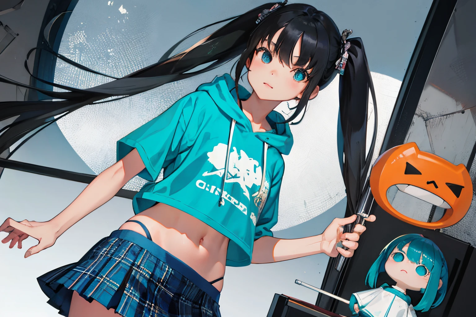 ,(masterpiece,Highest Quality),turquoise short sleeve hoodie,Crop Top Look,Plaid mini skirt,A dark-haired,long twintail,World of toys