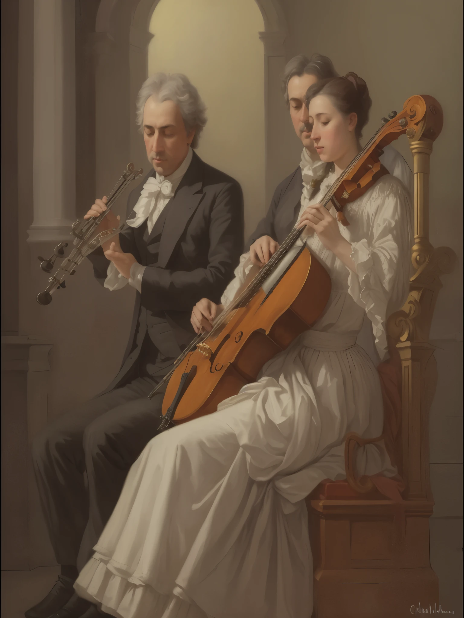 A picture of a man and a woman playing musical instruments in a room, musicians, by Cynthia Sheppard, neoclassical composition, neoclassical composition, Otakar Kubin, Baroque Digital Painting, wlop and andrei riabovitchev, inspired by Théodore Chassériau, Classical portrait, by Alexander Kucharsky, Virtuoso paintings