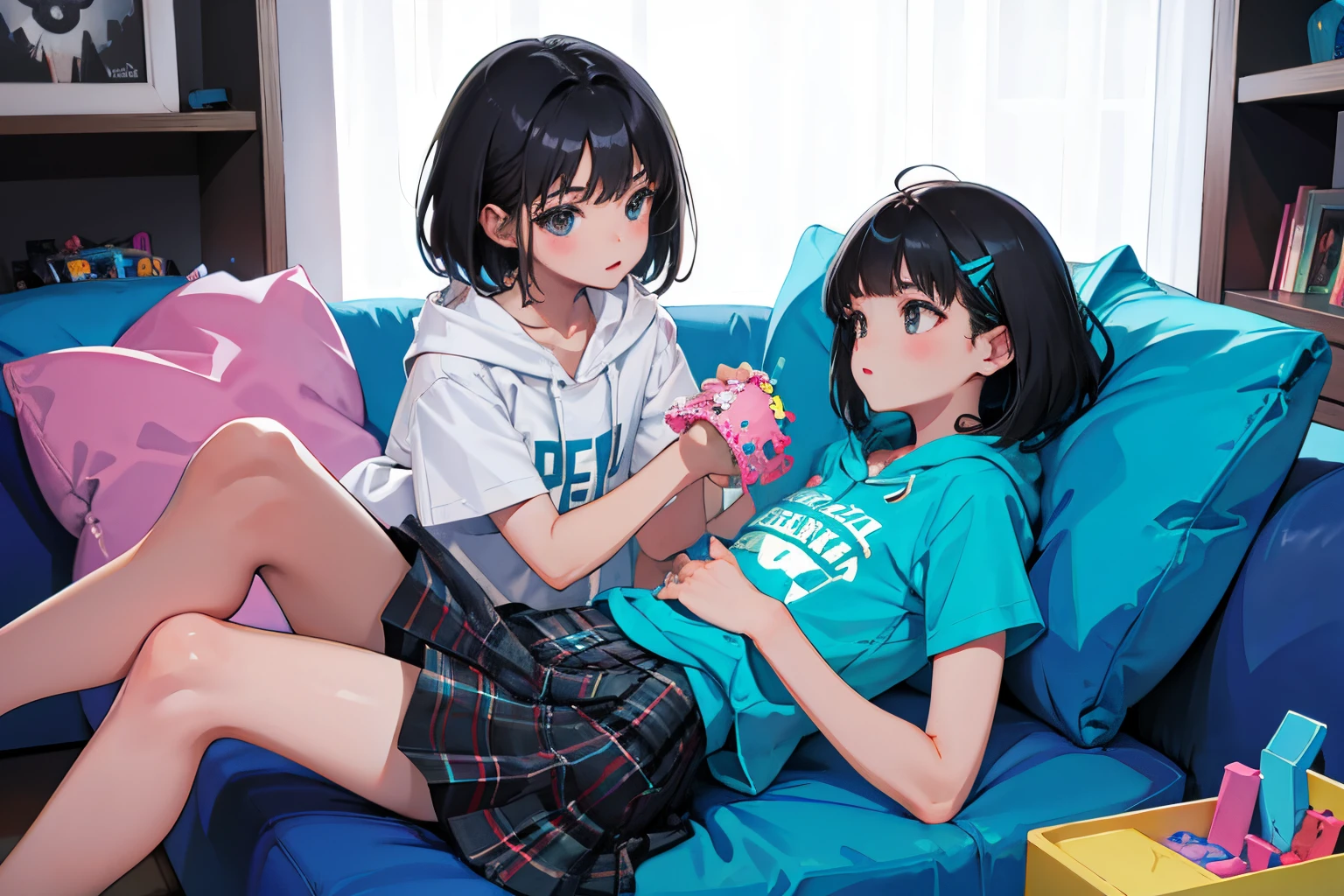 (masterpiece, best quality), (colorful:1.4), from above, solo, 1girl squatting on the ground of a store with lots of stuffed animals on the shelves, depth of field,full head,pinky t shirt,cute,