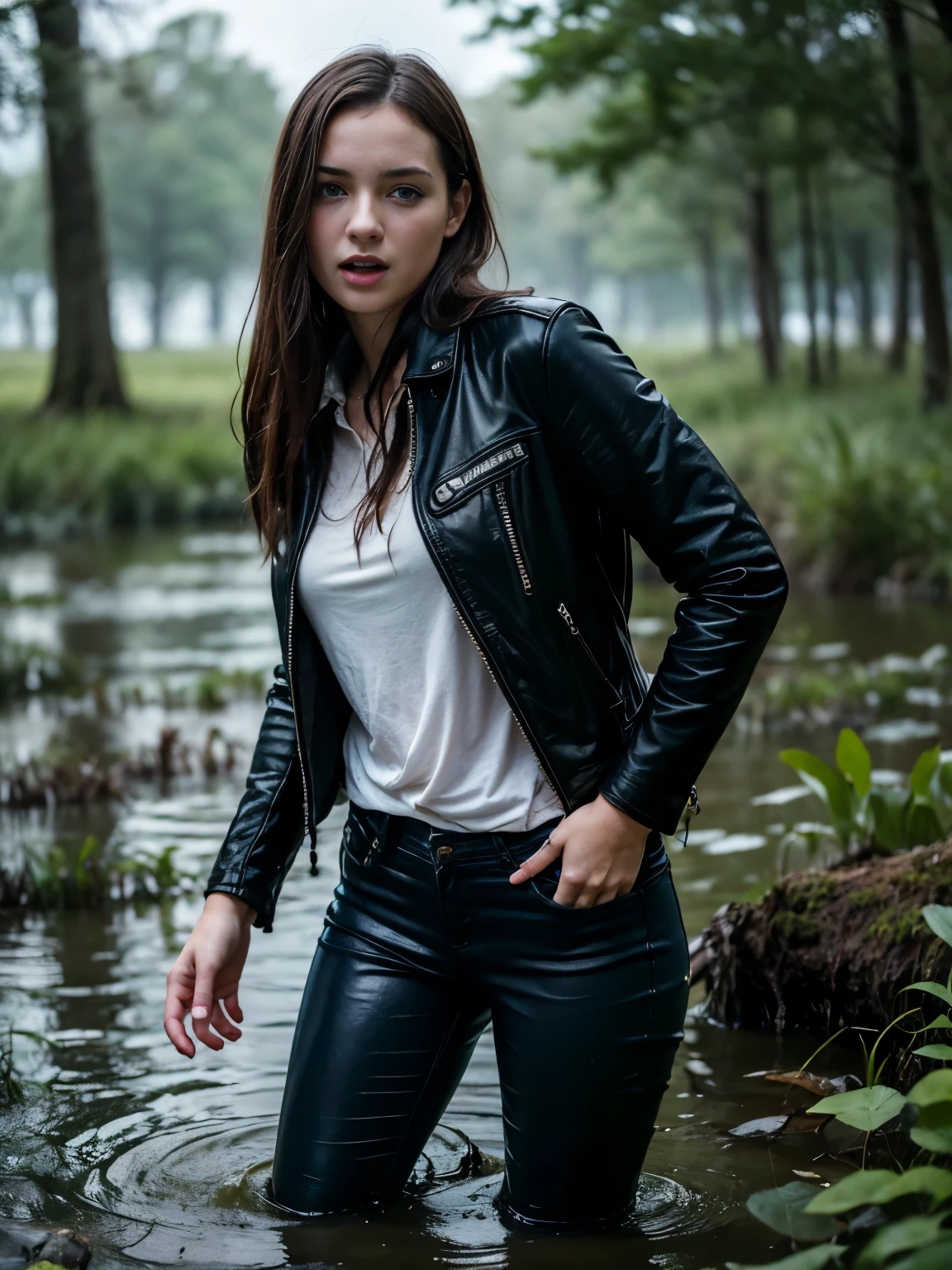 (Best Quality,4k,hight resolution,Masterpiece:1.2),frightened, age girl drowned in a swamp:1.3,jeans and leather jacket,Standing, drown in the middle of a swamp,woods,seductive despair,Masturbation,sexual excitement,realistic colors,vivid lighting,terrifying looks,scared expression,cloudy and cloudy water,marsh plants,Ethereal fog,psychological thriller atmosphere,Panic, the swamp irrevocably absorbs the girl, voluntary death