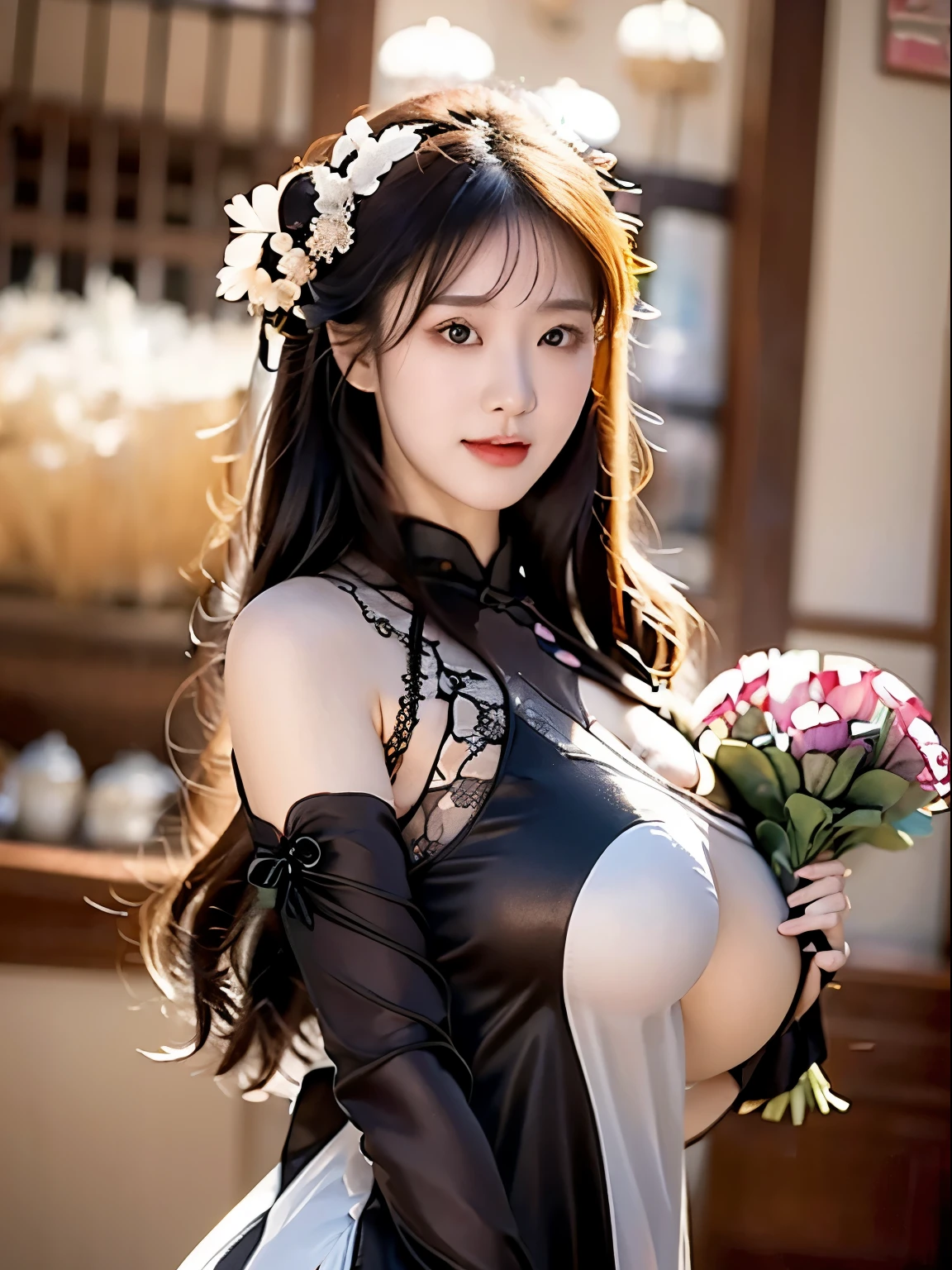 Chinese big breasts，Slightly chubby，big breasts drooping，Full body photo，Wearing a hollow lace cheongsam，black lence stockings，high-heellack silk gloves，The expression is shy