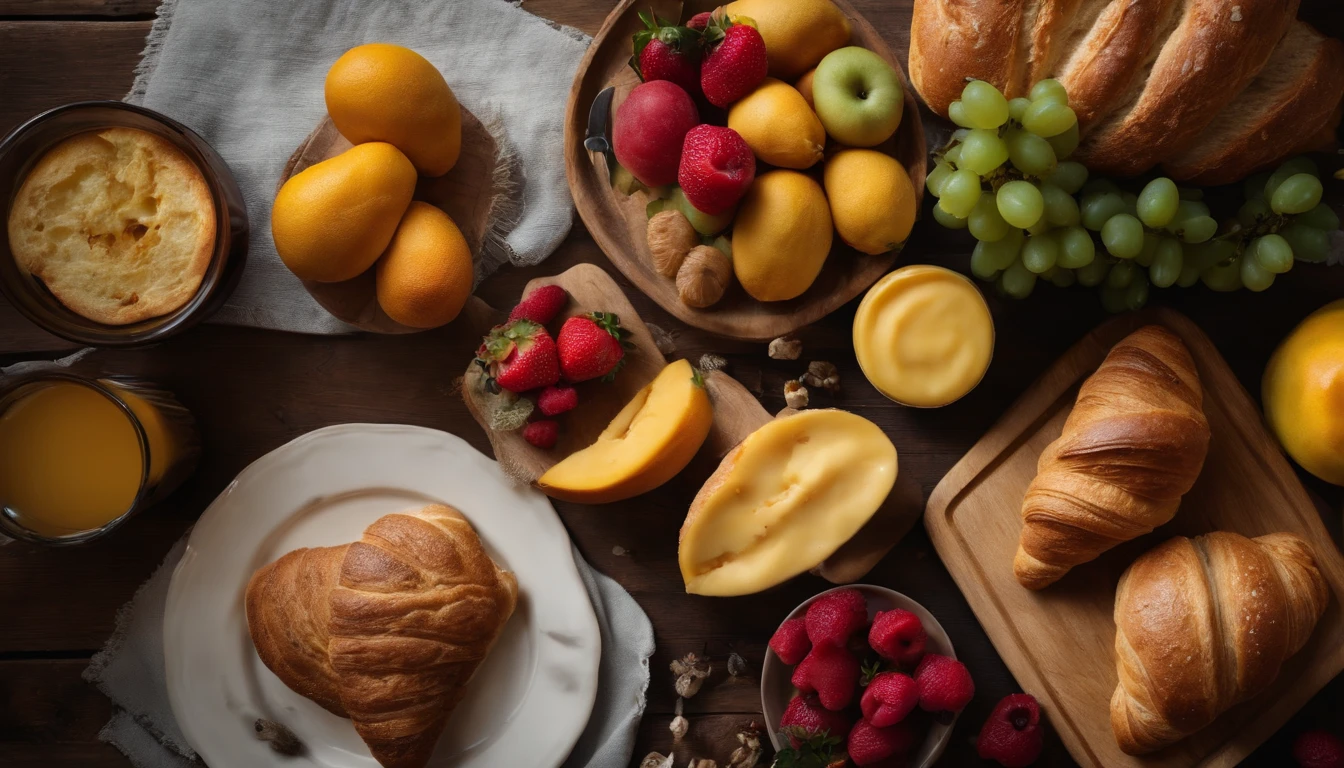 A high-resolution image showcasing a beautifully set breakfast table from a top view, with an assortment of colorful fruits, freshly baked bread, and buttery croissants arranged artfully on a rustic wooden table, evoking a welcoming and wholesome aesthetic.