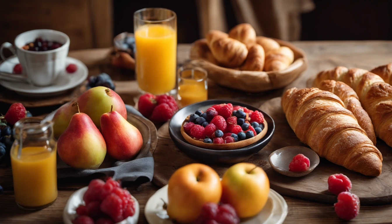 A high-resolution image showcasing a beautifully set breakfast table from a top view, with an assortment of colorful fruits, freshly baked bread, and buttery croissants arranged artfully on a rustic wooden table, evoking a welcoming and wholesome aesthetic.