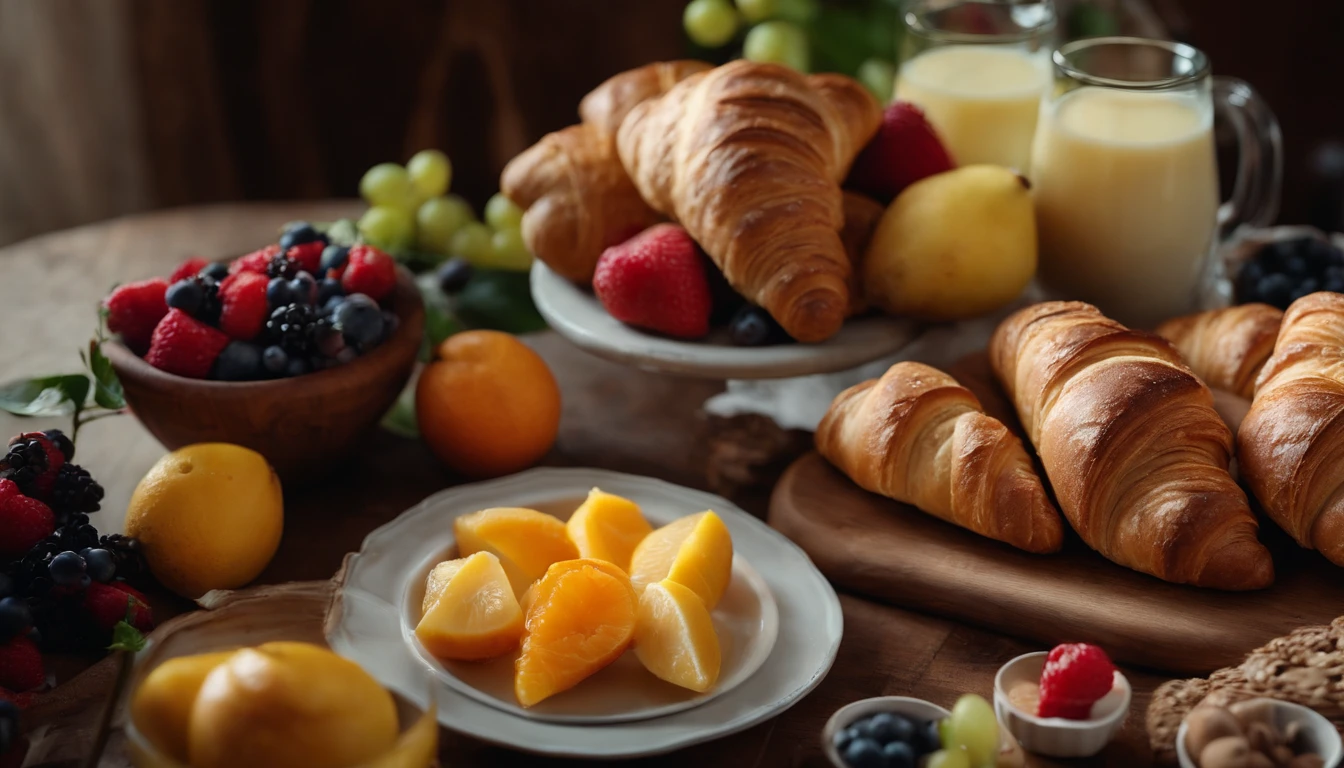 A high-resolution image showcasing a beautifully set breakfast table from a top view, with an assortment of colorful fruits, freshly baked bread, and buttery croissants arranged artfully on a rustic wooden table, evoking a welcoming and wholesome aesthetic.