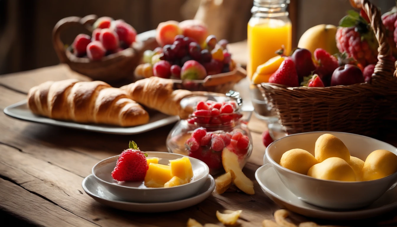 A high-resolution image showcasing a beautifully set breakfast table from a top view, with an assortment of colorful fruits, freshly baked bread, and buttery croissants arranged artfully on a rustic wooden table, evoking a welcoming and wholesome aesthetic.