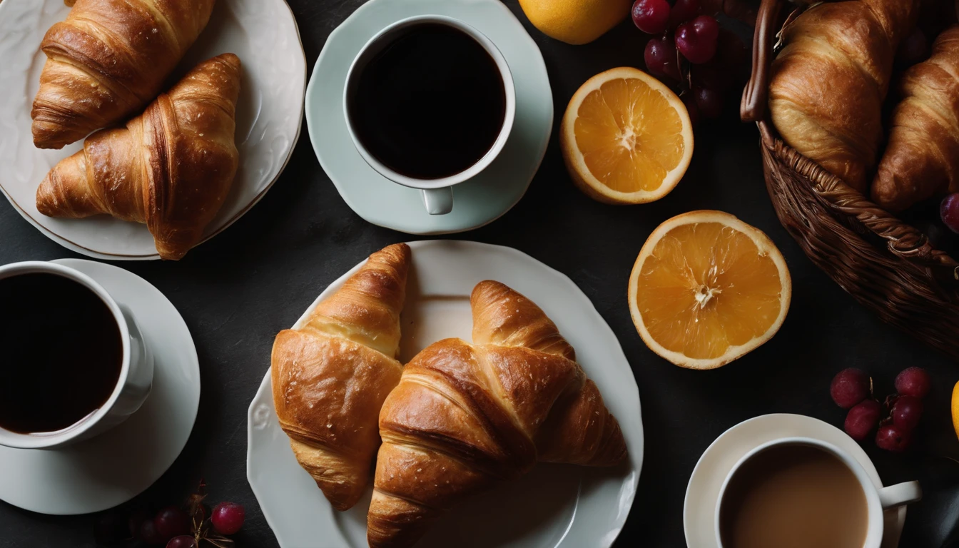 An aesthetic food photography composition featuring a detailed overhead shot of a breakfast table adorned with a variety of sliced fruits, a basket of freshly baked bread, and a plate of golden croissants, surrounded by cups of steaming coffee, creating a cozy and inviting scene.