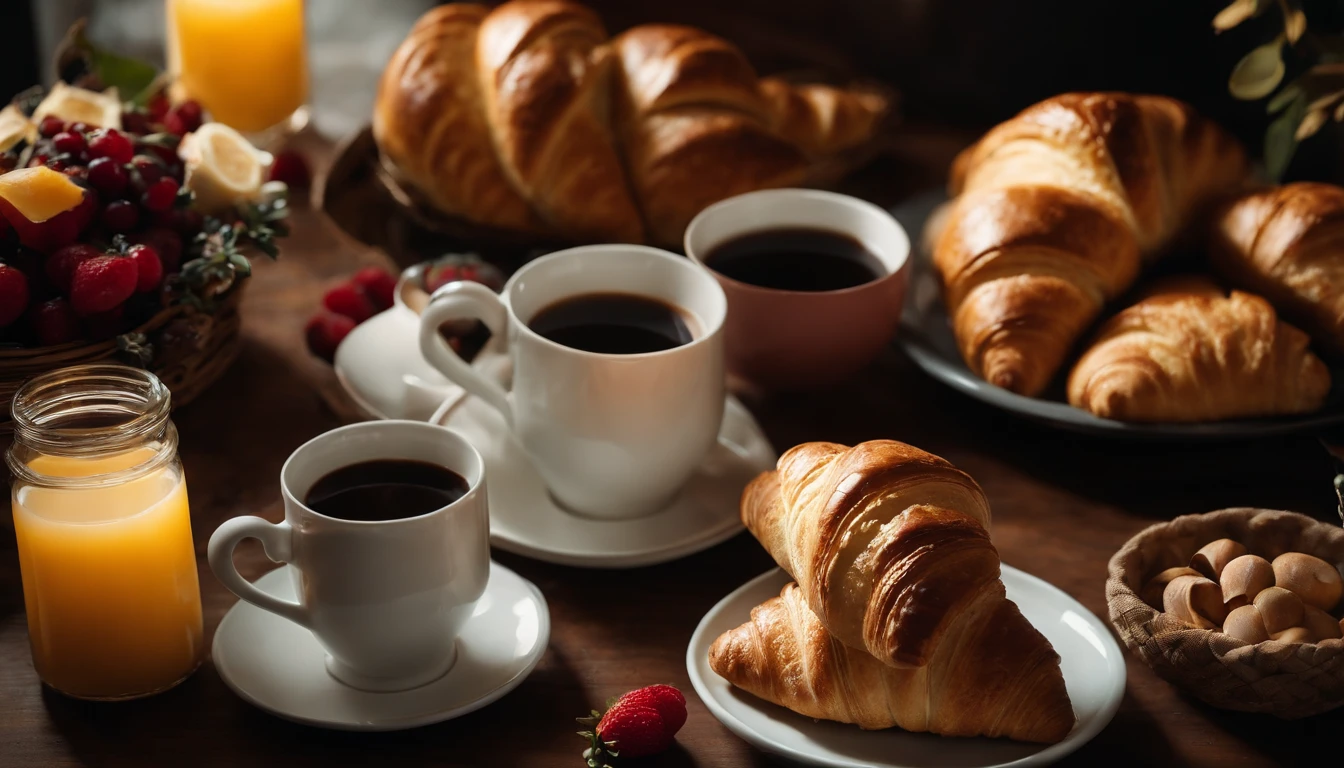 An aesthetic food photography composition featuring a detailed overhead shot of a breakfast table adorned with a variety of sliced fruits, a basket of freshly baked bread, and a plate of golden croissants, surrounded by cups of steaming coffee, creating a cozy and inviting scene.