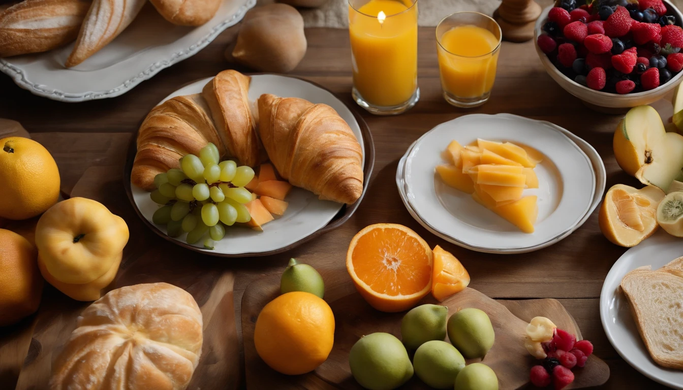 A detailed and realistic image showcasing a top view of a breakfast table filled with an array of perfectly arranged fruits, including sliced melons, berries, and citrus fruits, alongside a platter of crusty bread and a tray of flaky croissants, capturing the freshness and abundance of a delicious morning meal.