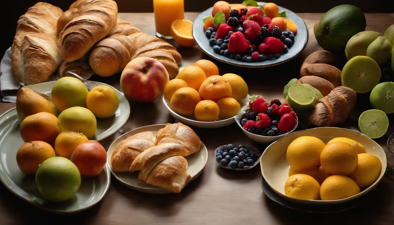 A detailed and realistic image showcasing a top view of a breakfast table filled with an array of perfectly arranged fruits, including sliced melons, berries, and citrus fruits, alongside a platter of crusty bread and a tray of flaky croissants, capturing the freshness and abundance of a delicious morning meal.