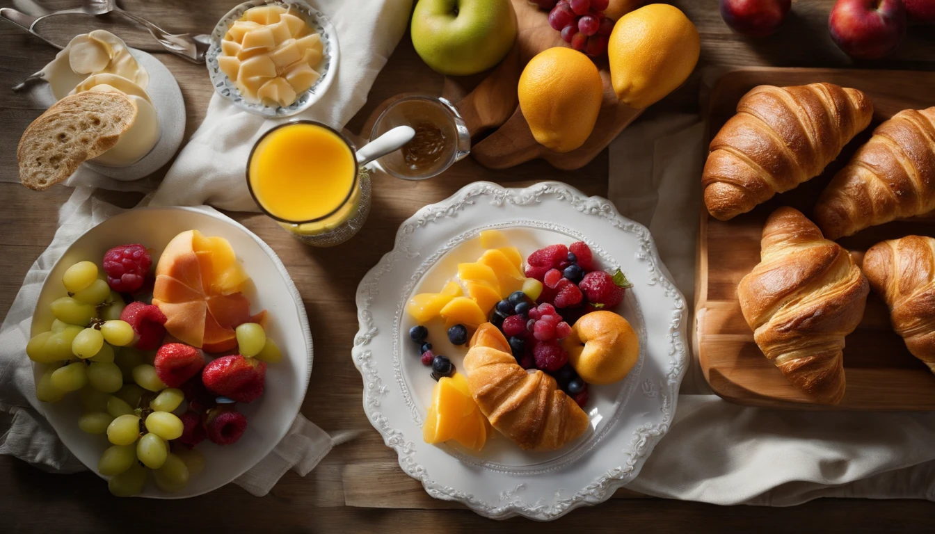 An artistic representation of a breakfast table viewed from the top, with a symmetrical arrangement of vibrant fruits, freshly baked bread, and buttery croissants, creating a visually pleasing and harmonious composition that celebrates the beauty of a balanced breakfast.