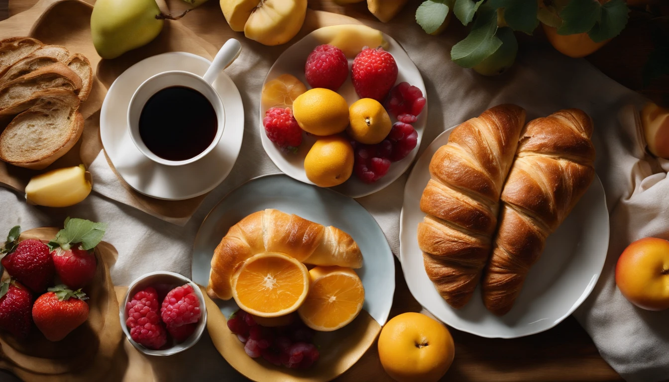 An artistic representation of a breakfast table viewed from the top, with a symmetrical arrangement of vibrant fruits, freshly baked bread, and buttery croissants, creating a visually pleasing and harmonious composition that celebrates the beauty of a balanced breakfast.