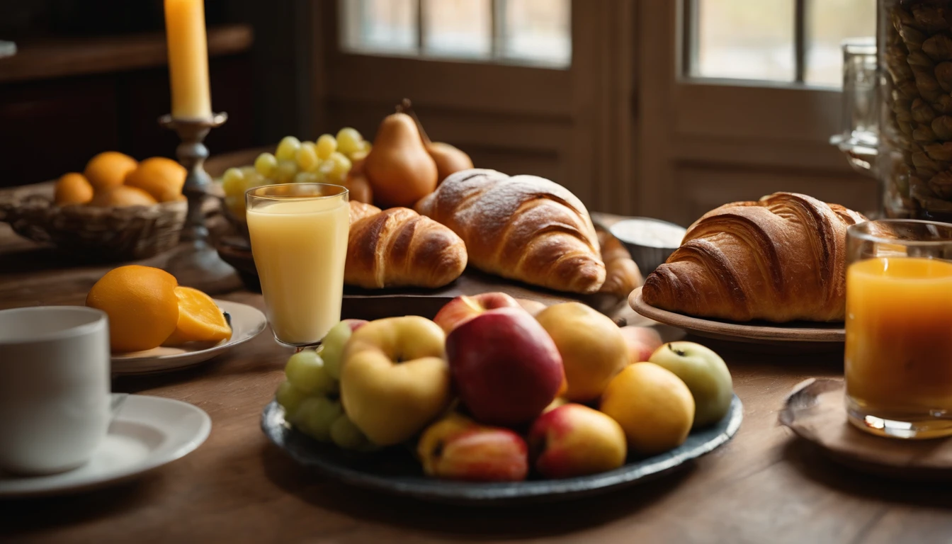 An artistic representation of a breakfast table viewed from the top, with a symmetrical arrangement of vibrant fruits, freshly baked bread, and buttery croissants, creating a visually pleasing and harmonious composition that celebrates the beauty of a balanced breakfast.