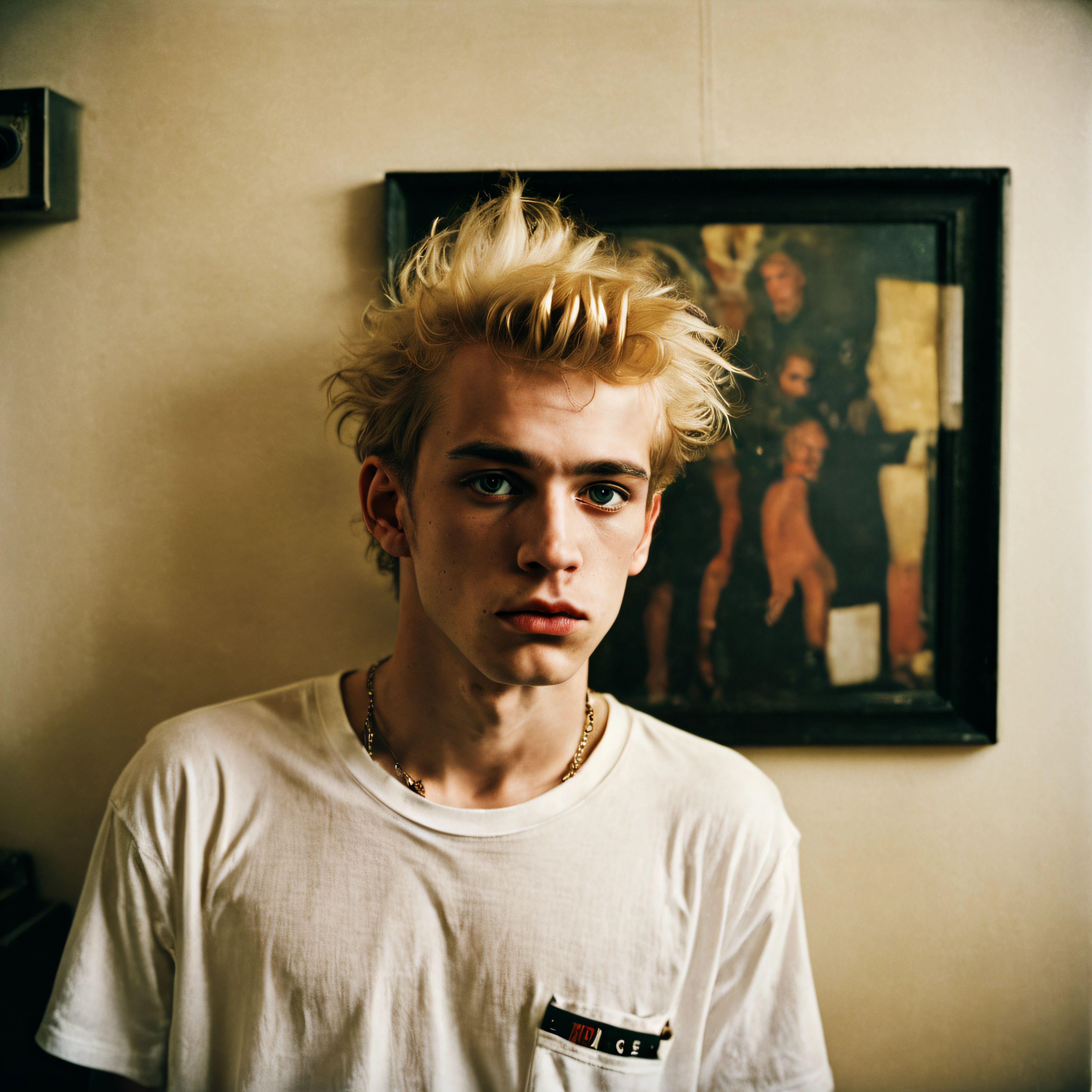 1980s Kodak photo of a young 20 year old punk rock guy with blonde hair wearing a white t-shirt and black pants, in a New York apartment, photography by nan goldin, by william eggleston, faded, film grain, cross processed image