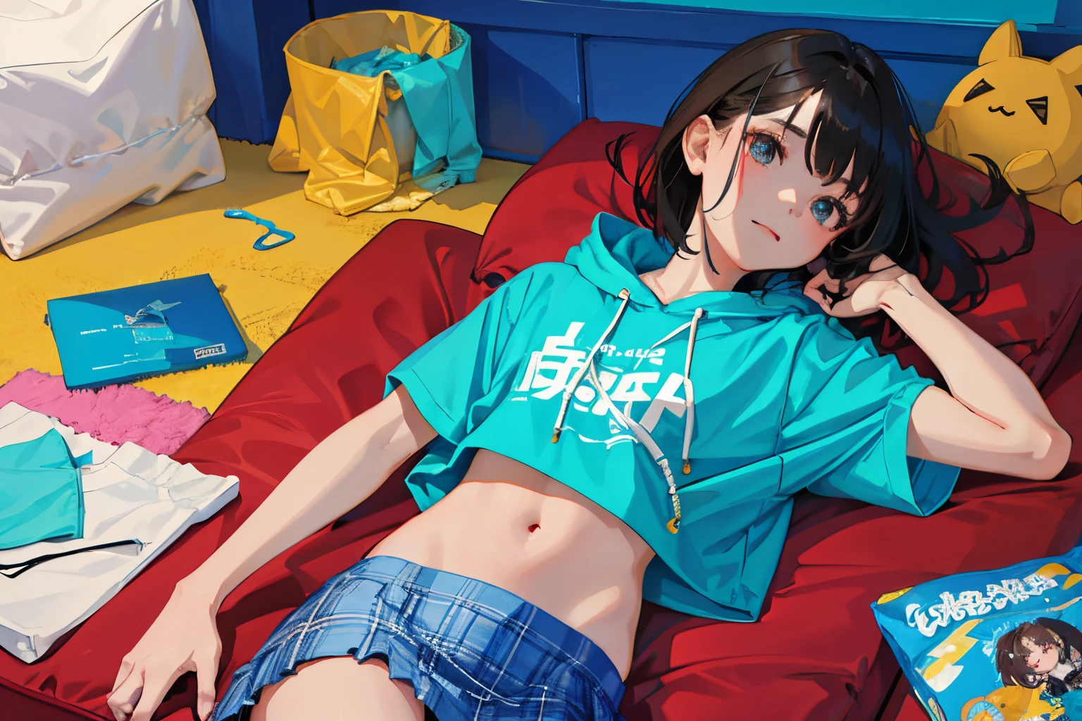 child,(masterpiece,Highest Quality),turquoise short sleeve hoodie,Crop Top Look,Plaid mini skirt,A dark-haired,Semi-long,World of toys