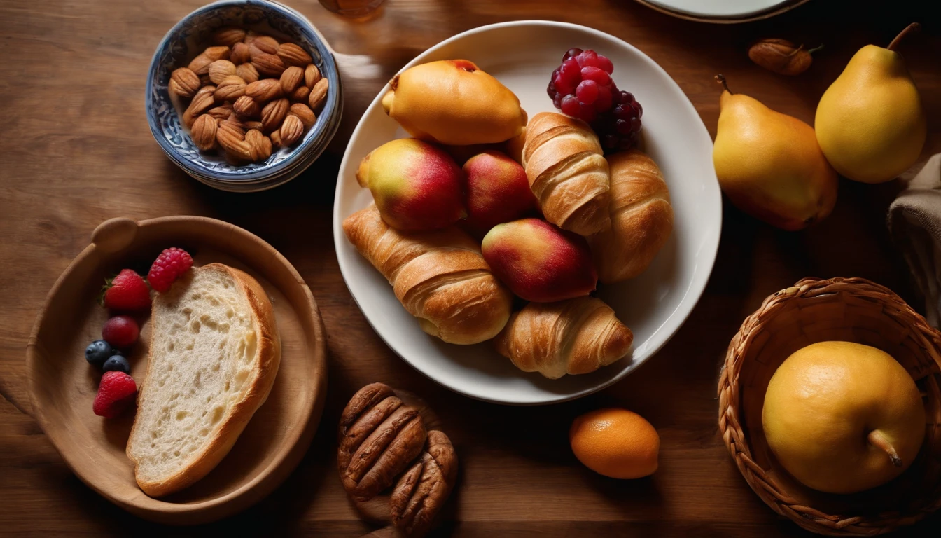 A high-resolution image showcasing a close-up of a top view breakfast table, with a variety of seasonal fruits meticulously arranged on a wooden platter, alongside slices of warm bread and a basket overflowing with freshly baked croissants, inviting the viewer to savor the flavors and textures of a delightful morning feast.