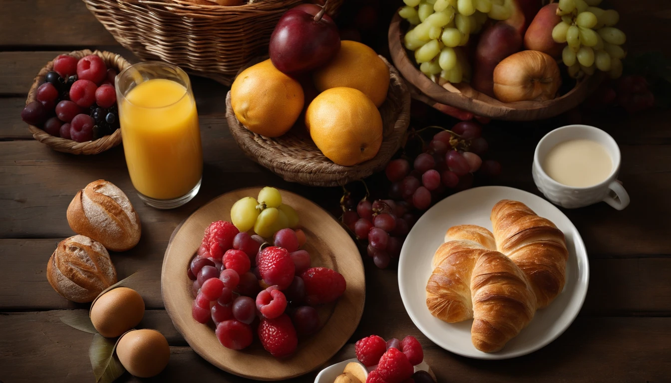 A high-resolution image showcasing a close-up of a top view breakfast table, with a variety of seasonal fruits meticulously arranged on a wooden platter, alongside slices of warm bread and a basket overflowing with freshly baked croissants, inviting the viewer to savor the flavors and textures of a delightful morning feast.