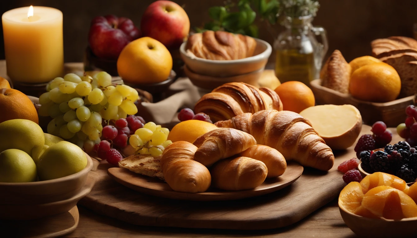 A high-resolution image showcasing a close-up of a top view breakfast table, with a variety of seasonal fruits meticulously arranged on a wooden platter, alongside slices of warm bread and a basket overflowing with freshly baked croissants, inviting the viewer to savor the flavors and textures of a delightful morning feast.