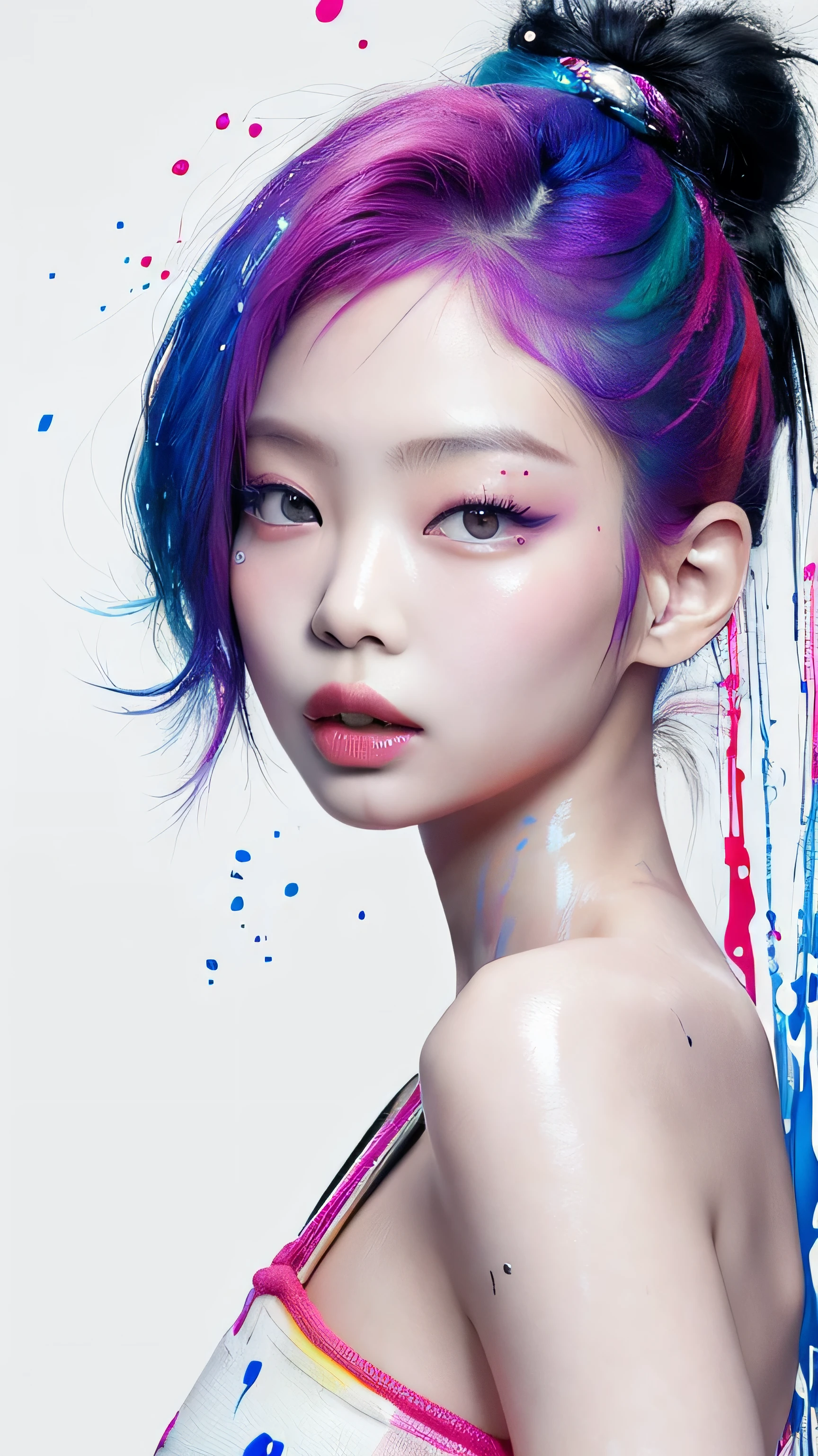 (Masterpiece, Best Quality, High Resolution), White Background, ((Paint Splash, Color Splash, Splash of Ink, Color Splash)), Sweet Chinese Girl, Rainbow Hair, Pink Lips, Front, Upper Body, Jennie Kim,