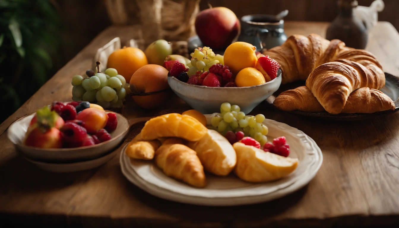 An aesthetic food photography composition featuring a detailed shot of a breakfast table with a top view perspective, where a colorful assortment of fruits, slices of artisan bread, and flaky croissants are carefully arranged on ceramic plates and rustic wooden boards, adding an element of elegance and style to the scene.