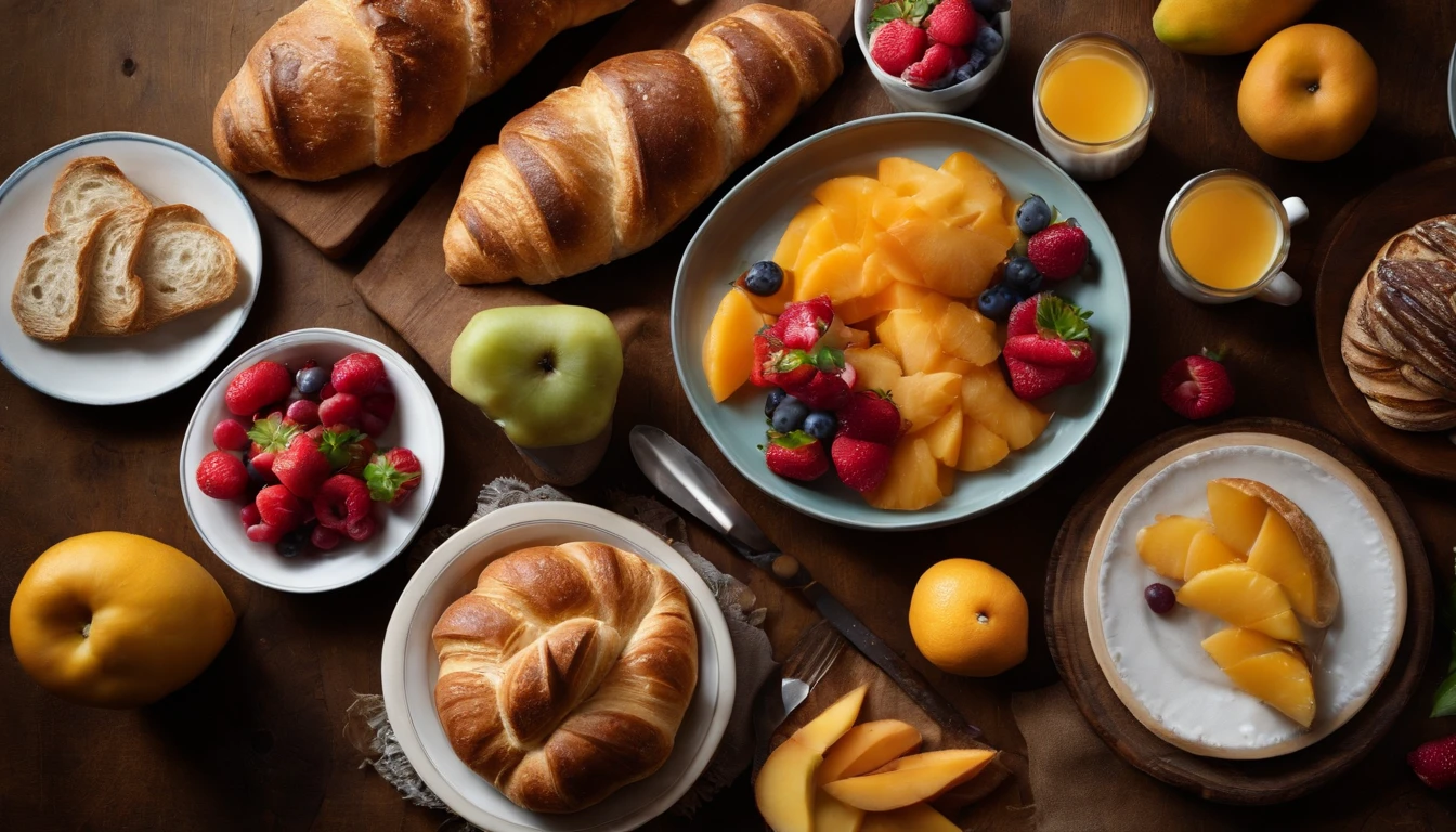 An aesthetic food photography composition featuring a detailed shot of a breakfast table with a top view perspective, where a colorful assortment of fruits, slices of artisan bread, and flaky croissants are carefully arranged on ceramic plates and rustic wooden boards, adding an element of elegance and style to the scene.