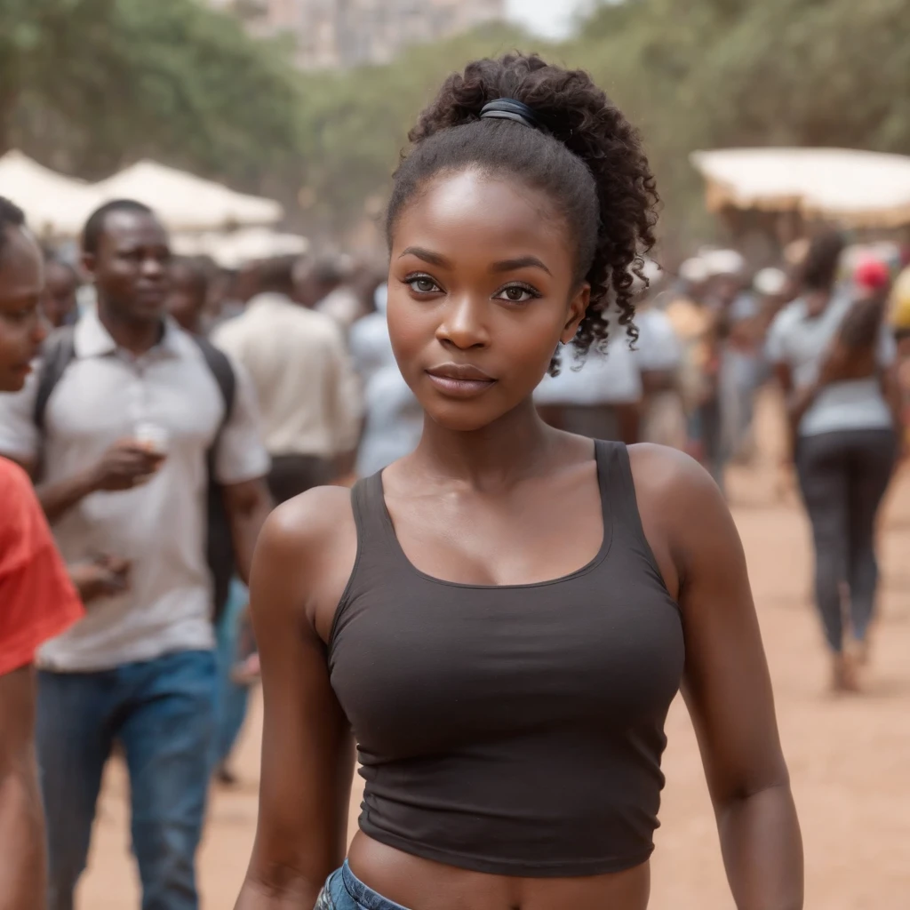 ((Dark African skin, Very deep ebony skin)), ((Its beauty  undeniable)), ((Excited cute face)), ((Hyper detailed perfect eyes,)), ((exploring pose)), ((Language output)), ((travelling)), ((Tight black t-shirt, shorts)), ((Afro ponytail with long African curly hair)), ((skin)), ((standing, back view)), ((touching her face in a sexy pose)), ((outside, market, public city, Nairobi, kenya)), Sharp Focus CGI, photoreallistic, High detail, Realistic, Masterpiece, absurd, Best quality, Hdr, High quality, high-definition, Extremely detailed, 8k wallpaper, Intricate details, 8K UHD, Full-HD, (photo realist:1.2), contrast, intense illumination, lighting cinematic, natural lighting, veilleuse, Nuit, Illumination globale, city walk, Nairobi, Kenya, Uhuru park, a la piscine African women、Female sexy、serious face, people in background, holding water bottle in hand, wink left eye