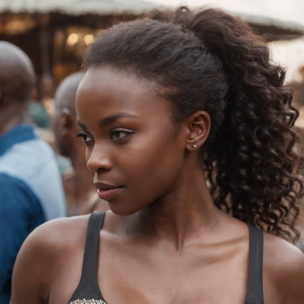 ((Dark African skin, Very deep ebony skin)), ((Its beauty undeniable)), ((Excited cute face)), ((Hyper detailed perfect eyes,)), ((exploring pose)), ((Language output)), ((travelling)), ((Tight black t-shirt, shorts)), ((Afro ponytail with long African curly hair)), ((skin)), ((standing, back view)), ((touching her face in a sexy pose)), ((outside, market, public city, Nairobi, kenya)), Sharp Focus CGI, photoreallistic, High detail, Realistic, Masterpiece, absurd, Best quality, Hdr, High quality, high-definition, Extremely detailed, 8k wallpaper, Intricate details, 8K UHD, Full-HD, (photo realist:1.2), contrast, intense illumination, lighting cinematic, natural lighting, veilleuse, Nuit, Illumination globale, city walk, Nairobi, Kenya, Uhuru park, a la piscine African women、Female sexy、serious face, people in background, holding water bottle in hand, wink left eye