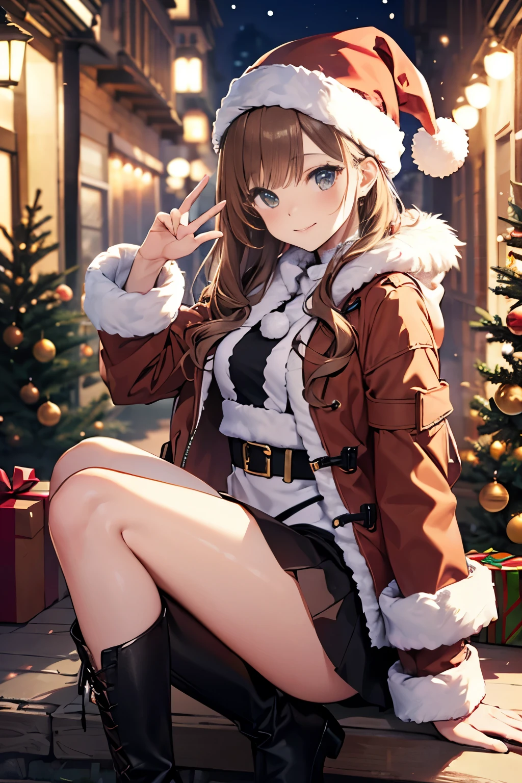 top-quality、Full limbs、complete fingers、Slender beauty、ssmile、knee high、Wear long boots、Christmas 、a miniskirt、Miniskirt Santa、shearling coat、Party Venue