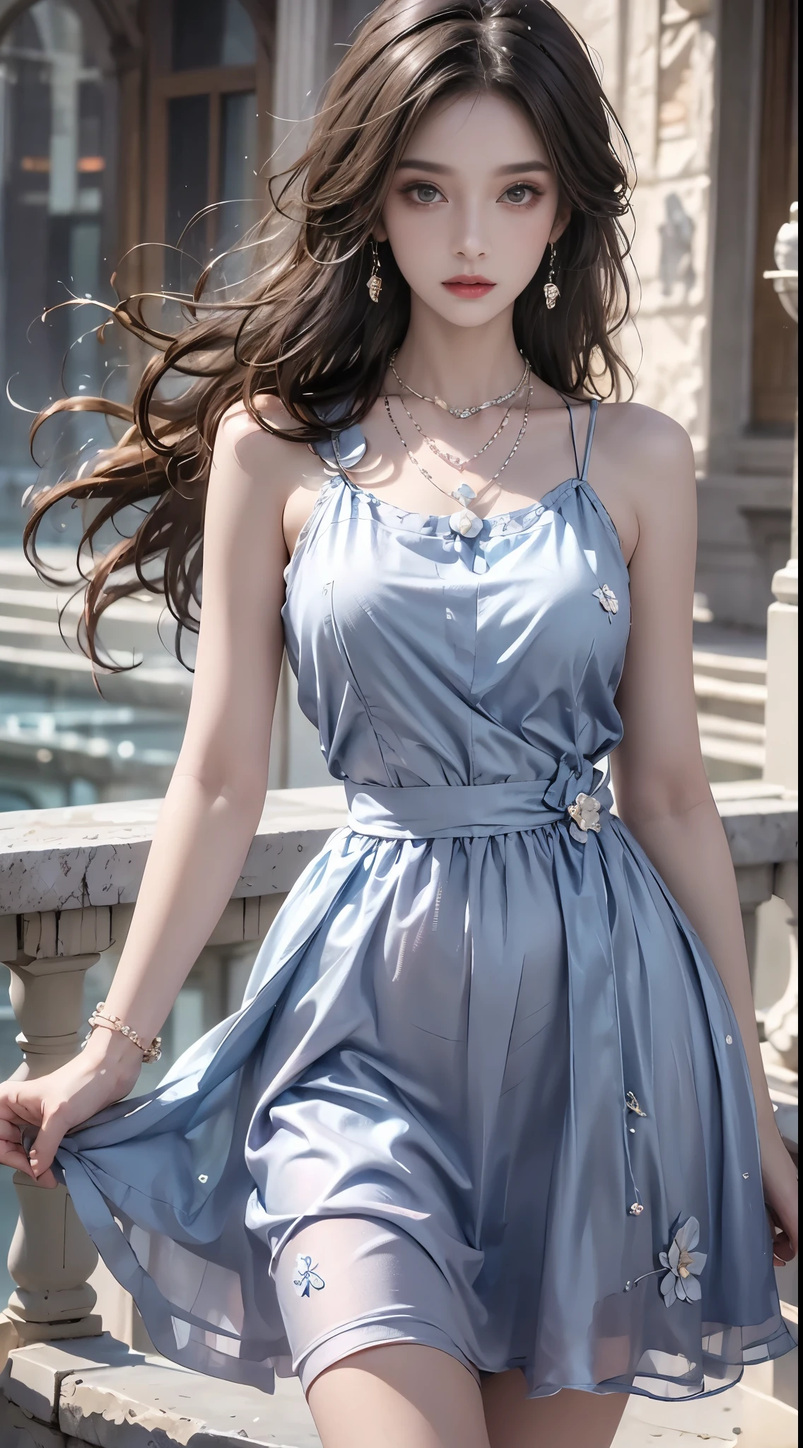 Sweet girl clothes2,pearl necklace,blue dress,flower,, midjourney portrait, Best quality:1.4, photo-realism:1.4, skin texture:1.4, masterpiece:1.8, 1 Women, buttocks raised, beautidful eyes, Long-haired, eye socket, jewely, Tattooed with,