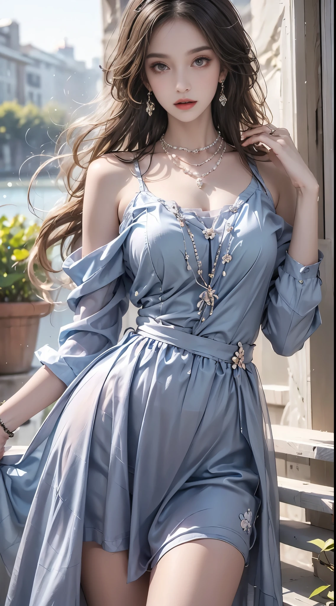 Sweet girl clothes2,pearl necklace,blue dress,flower,, midjourney portrait, Best quality:1.4, photo-realism:1.4, skin texture:1.4, masterpiece:1.8, 1 Women, buttocks raised, beautidful eyes, Long-haired, eye socket, jewely, Tattooed with,