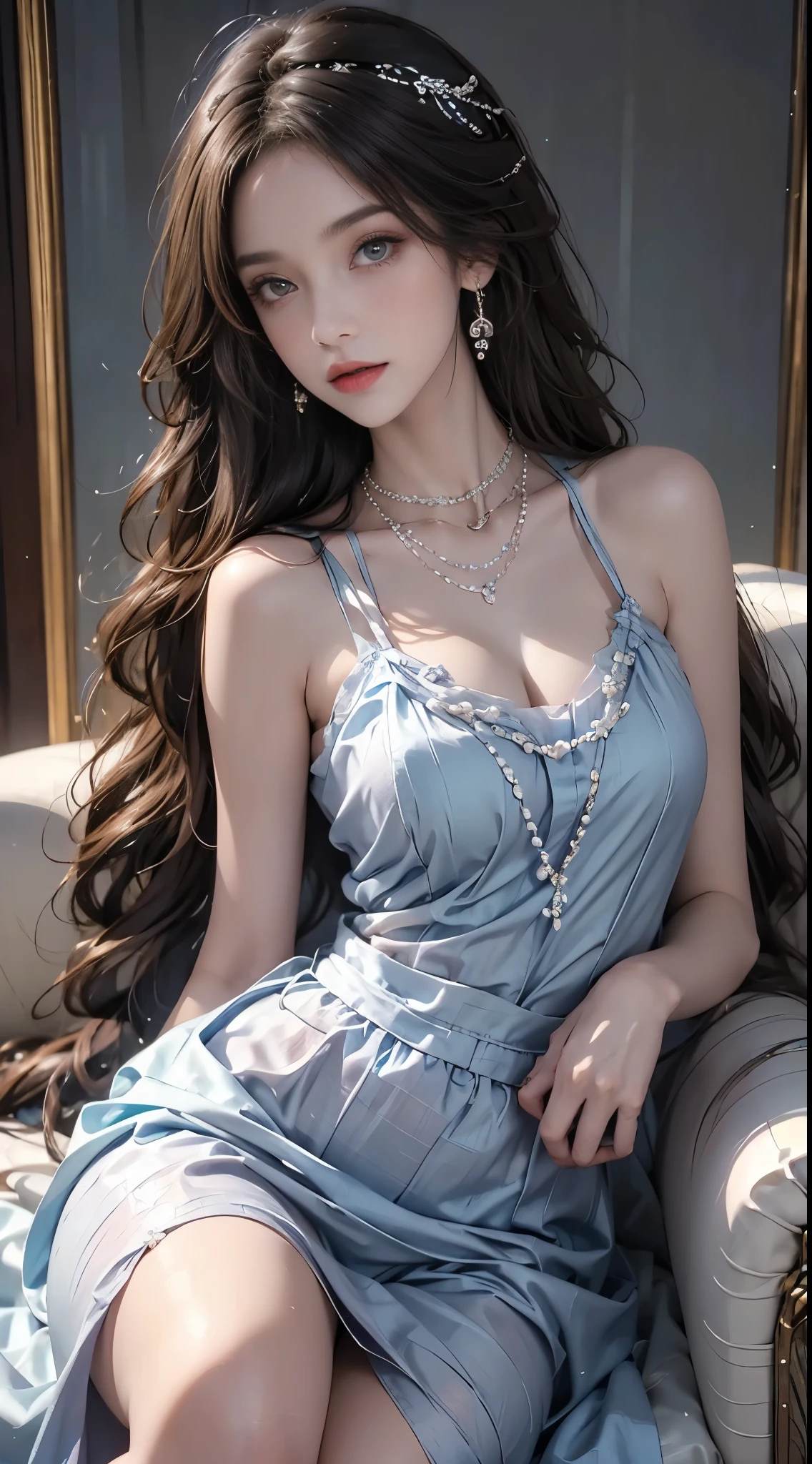 Sweet girl clothes2,pearl necklace,blue dress,flower,, midjourney portrait, Best quality:1.4, photo-realism:1.4, skin texture:1.4, masterpiece:1.8, 1 Women, buttocks raised, beautidful eyes, Long-haired, eye socket, jewely, Tattooed with,
