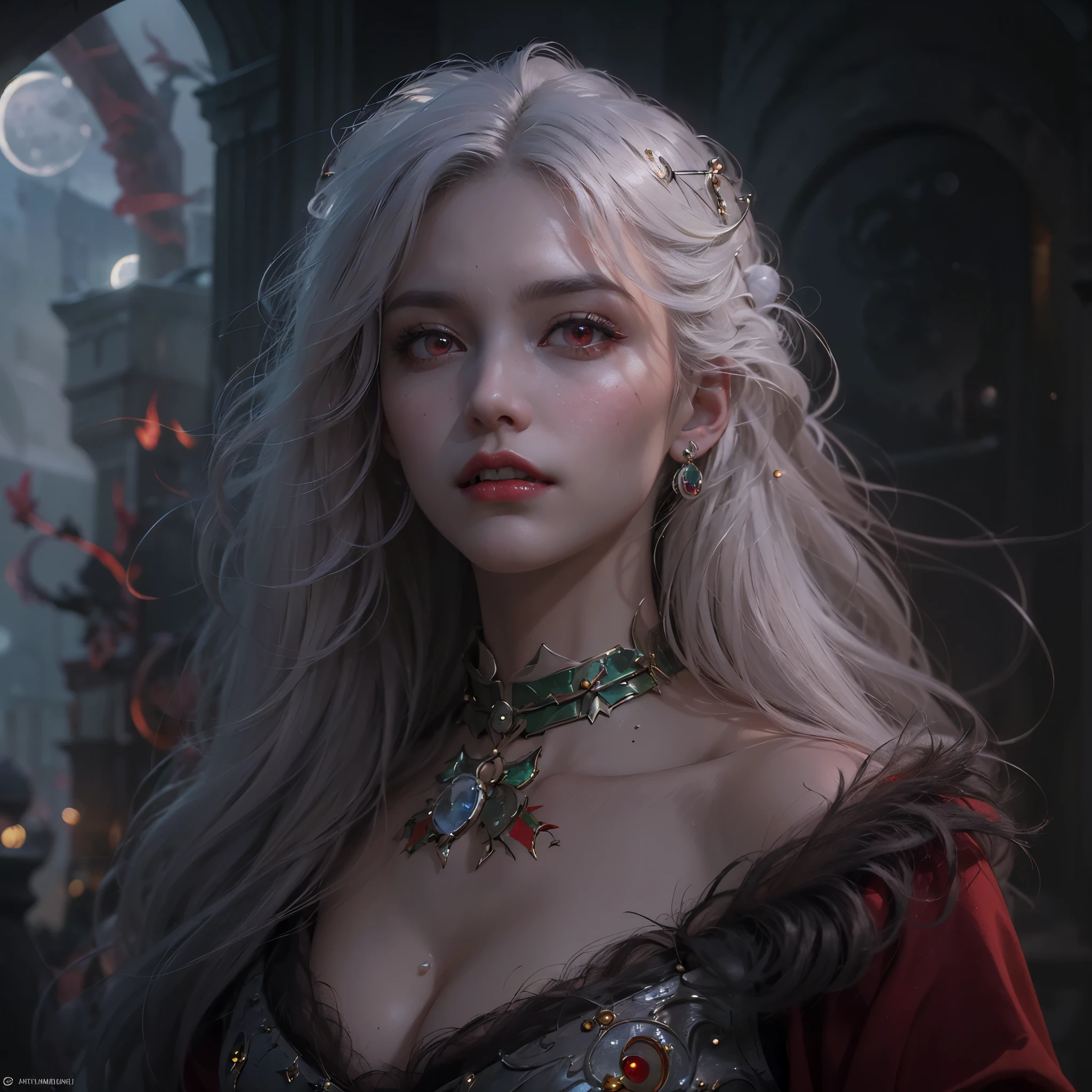 (award-winning masterpiece, incredibly detailed, textured and maximally detailed), (hyper realism: 1.4), (realism: 1.3), (top close-up: 1.6), ((medieval world)), (top quality realistic textured skin), (beautiful vampire: 1.7), (two thick, long sharp vampire teeth protruding from lips: 1.7), (red Santa Claus costume: 1.6), (delicately decorated Ms, faded: 1.5), (dense true circle symmetrical and eye-catching dense and beautiful face: 1.6), (aesthetic and decadent atmosphere image: 1.6), (pale but beautiful skin and face: 1.6), ( Wears a lot of decadent and delicately crafted accessories: 1.8), (Santa Claus hat: 1.6) (Bright red eyes with bioluminescence: 1.7), (Degenerate beauty: 1.6), (A pair of red eyes with a strong red glow from within: 1.7), (Elegant and lavishly crafted accessories: 1 .8), (little skin exposure:1.5), Christmas, (strong moonlight coming from outside:1.7), ((dramatic photo)), ((cinematic light)), (full length portrait:1.7)), (examine), (looking down), (dramatic pose), (smoke effect and bewitching light:1 .4)), beautiful white hair, beautiful silver hair, beautiful beautiful blonde hair, wind effect, (drifting purple smoke: 1.3), old castle ruins, royal crypt, ((dark night, full moon night, new moon night)), epic realism, fading, ((neutral hues)), art book, (ticker: 1.5), (muted colors: 1.2), Hyperdetailed, (Artbook station:1.5), Cinematic, Warm lights, Light effects, Dramatic light, (Elaborate detail:1.1), Complex background, (Greg Rutkowski:0.8), (Teal and orange:0.4)